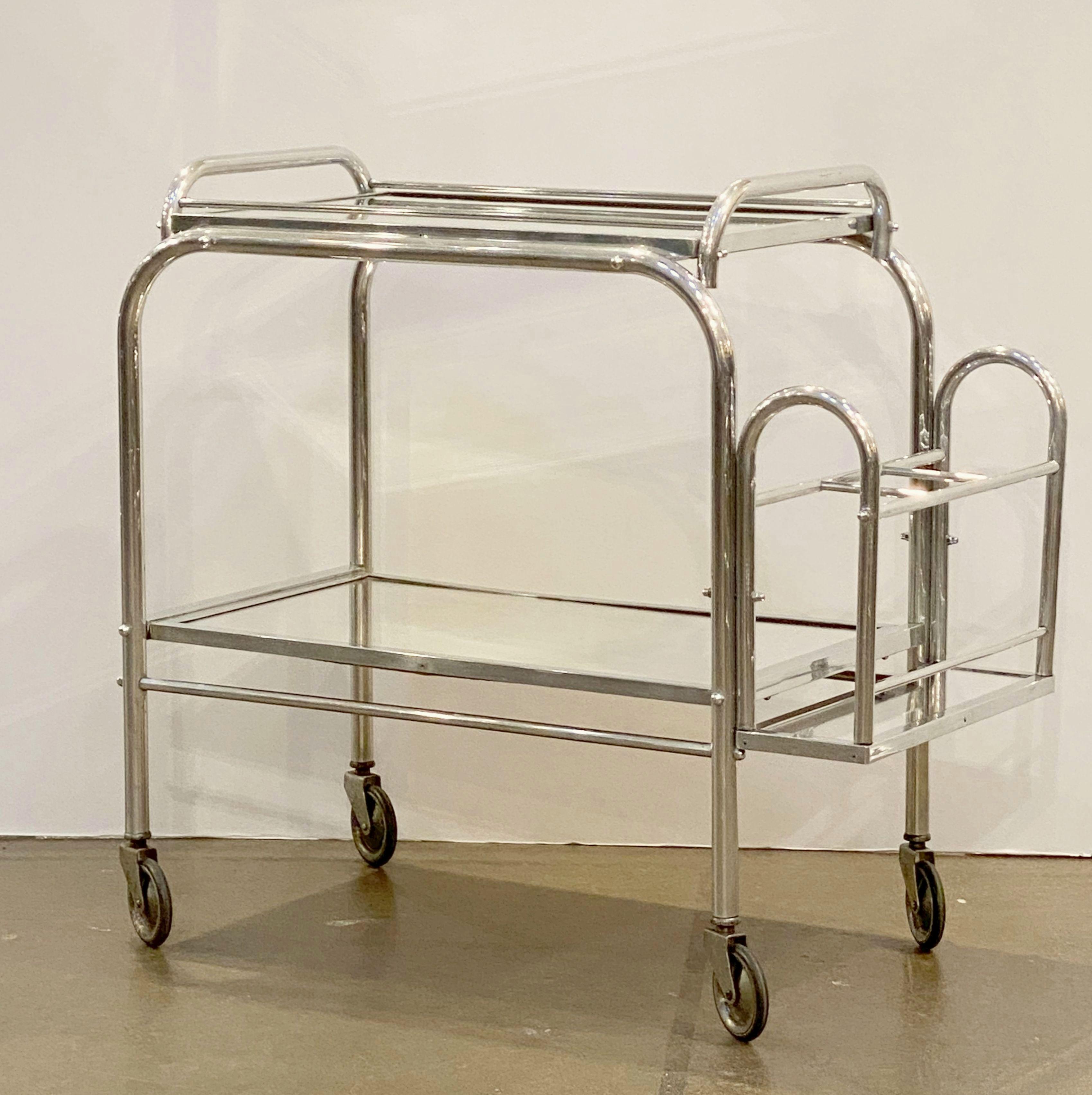 English Art Deco Rolling Drinks Cart of Brushed Aluminum and Glass 6