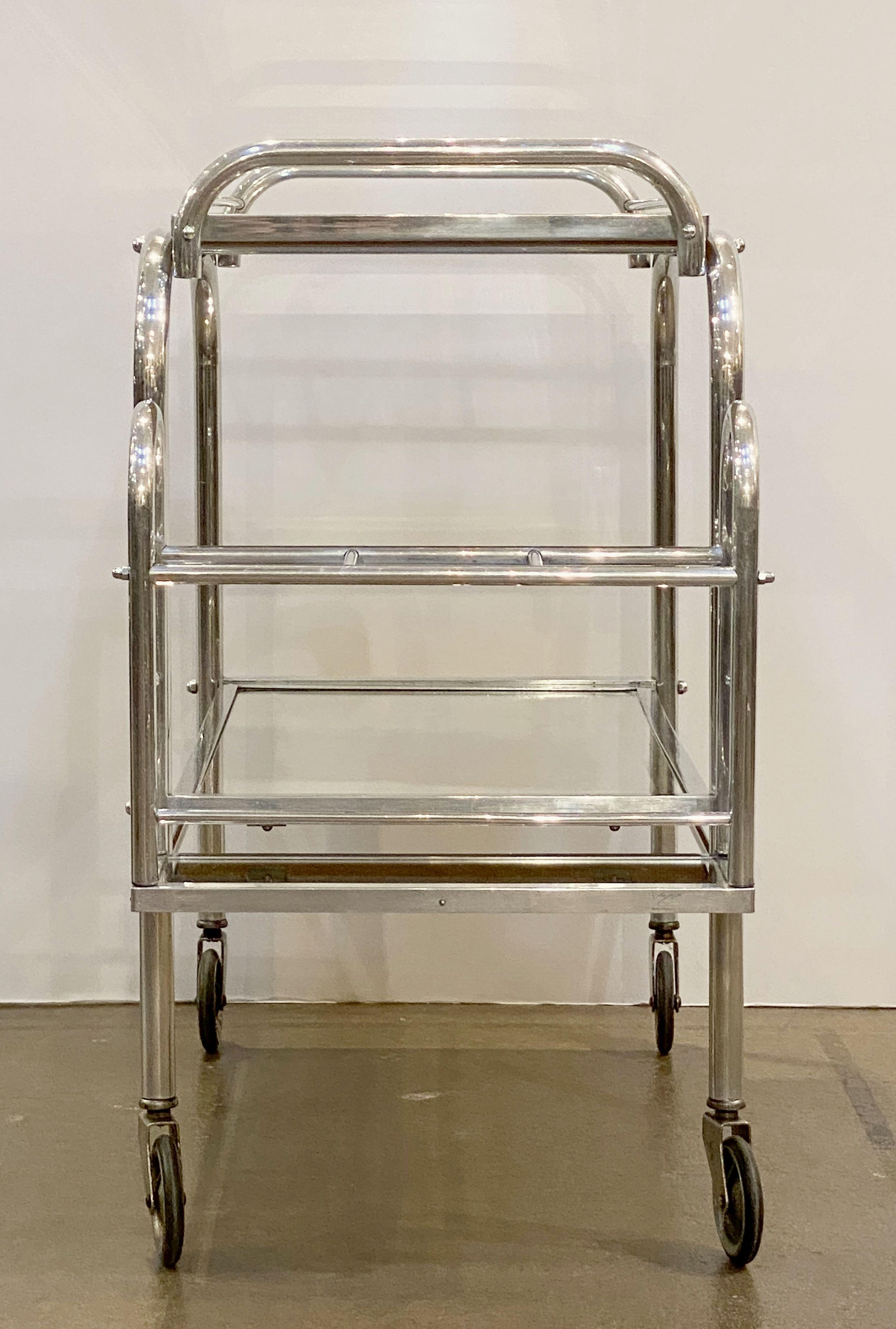 English Art Deco Rolling Drinks Cart of Brushed Aluminum and Glass 9