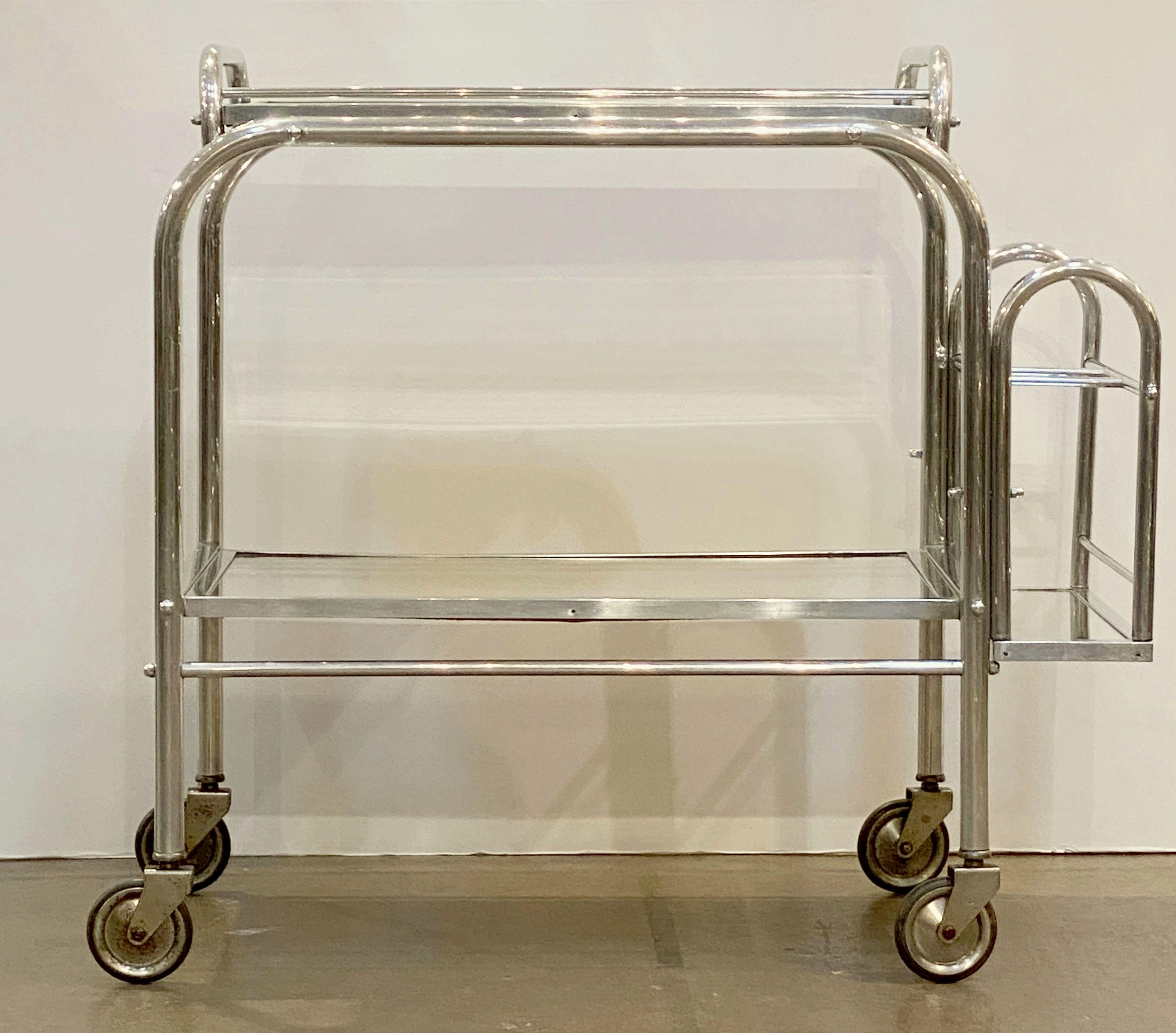 English Art Deco Rolling Drinks Cart of Brushed Aluminum and Glass In Good Condition In Austin, TX