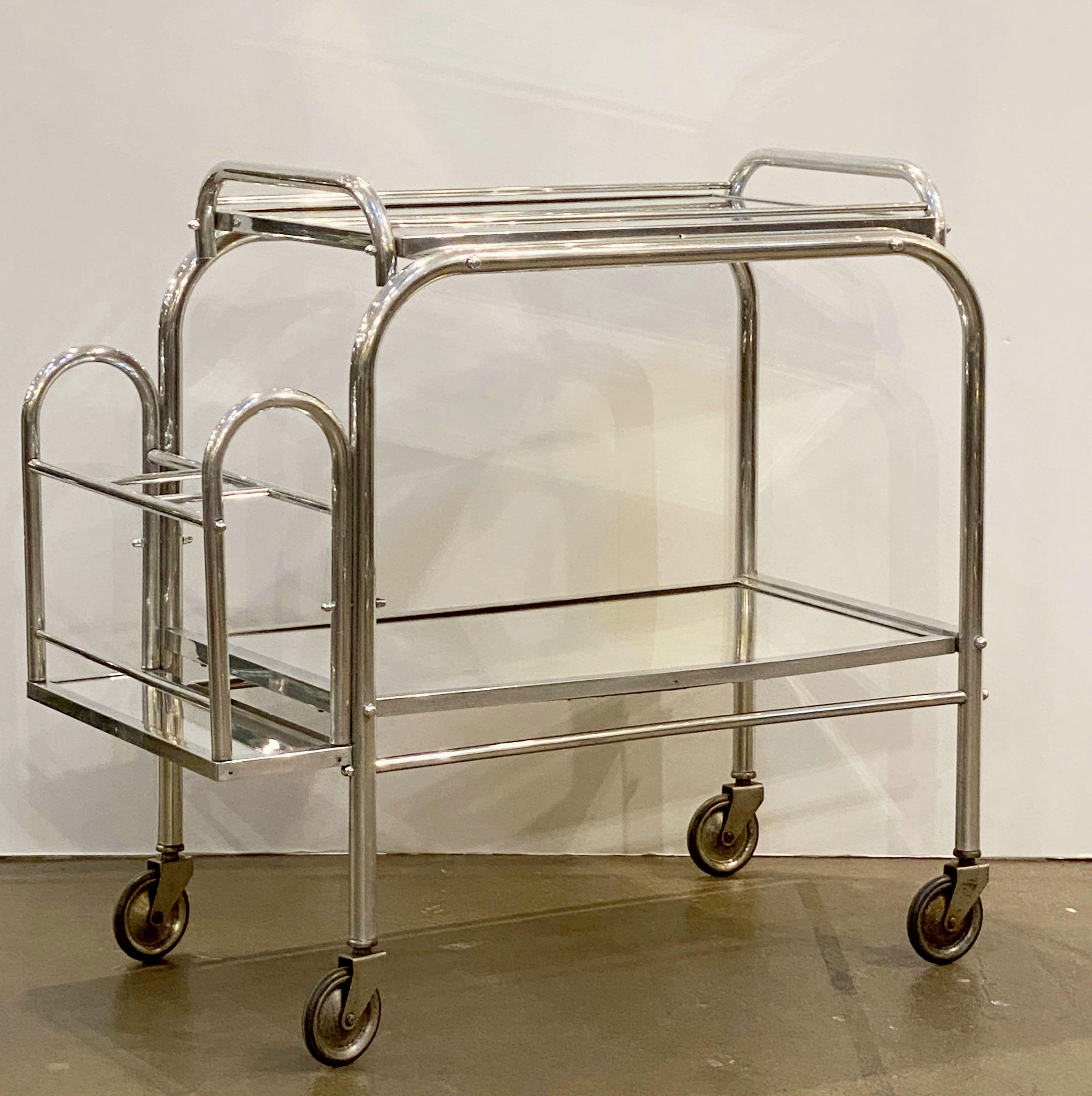 20th Century English Art Deco Rolling Drinks Cart of Brushed Aluminum and Glass