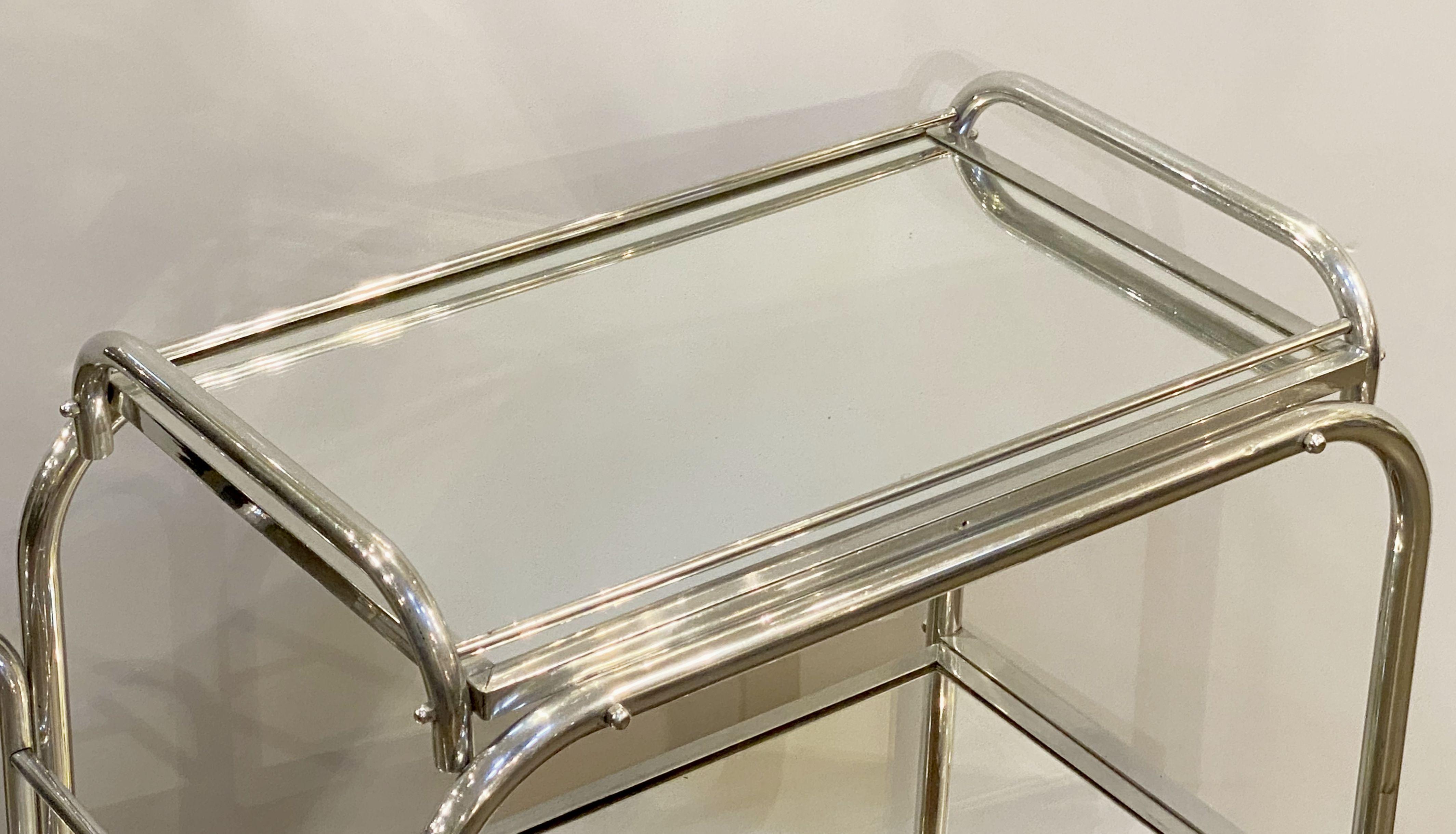 English Art Deco Rolling Drinks Cart of Brushed Aluminum and Glass 3