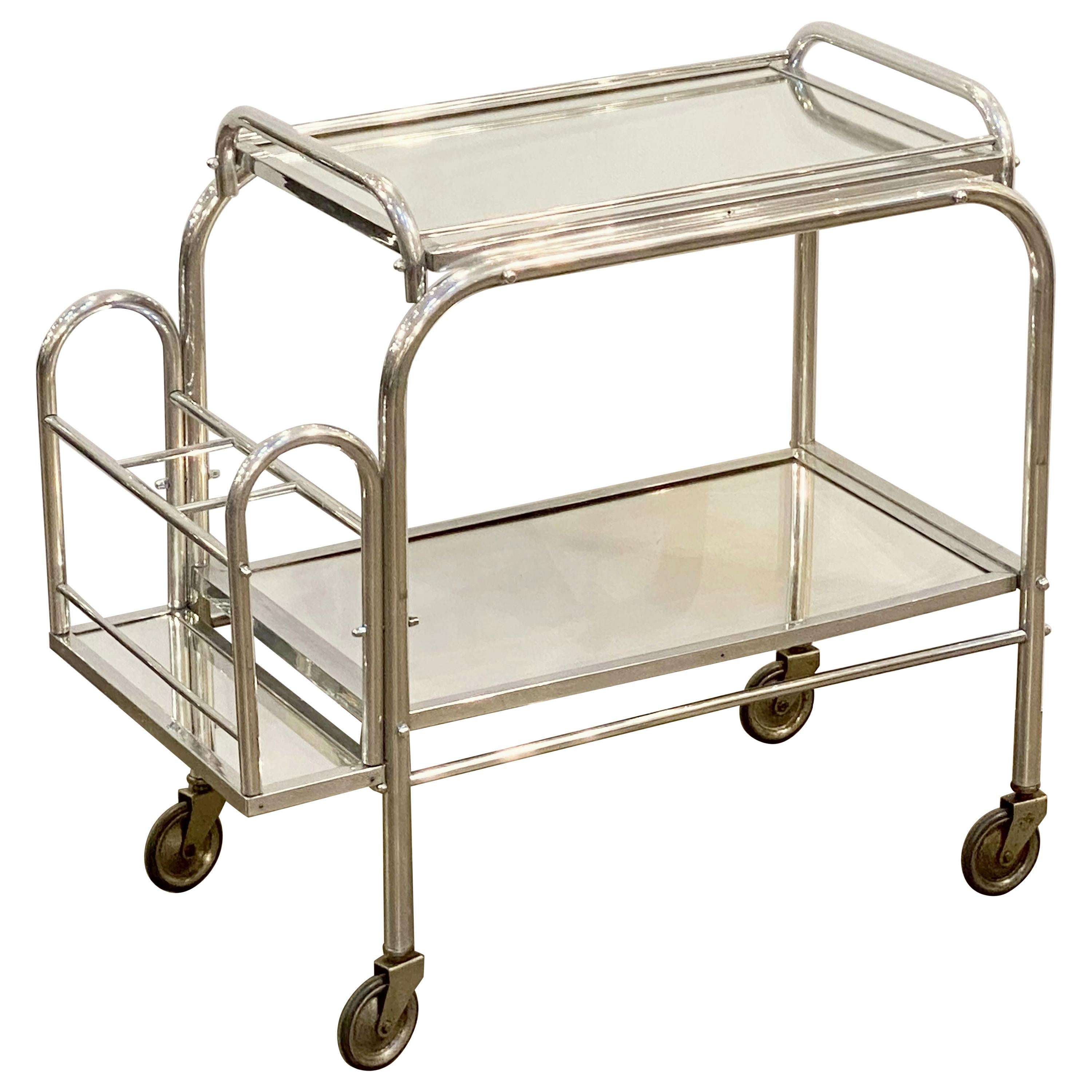 English Art Deco Rolling Drinks Cart of Brushed Aluminum and Glass