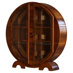 Antique English Art Deco Round Display Cabinet / Vitrine in Walnut, Made in 1930s