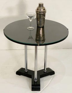 English Art Deco Round Drinks Tripod Table of Chrome, Ebonized Wood, and Glass