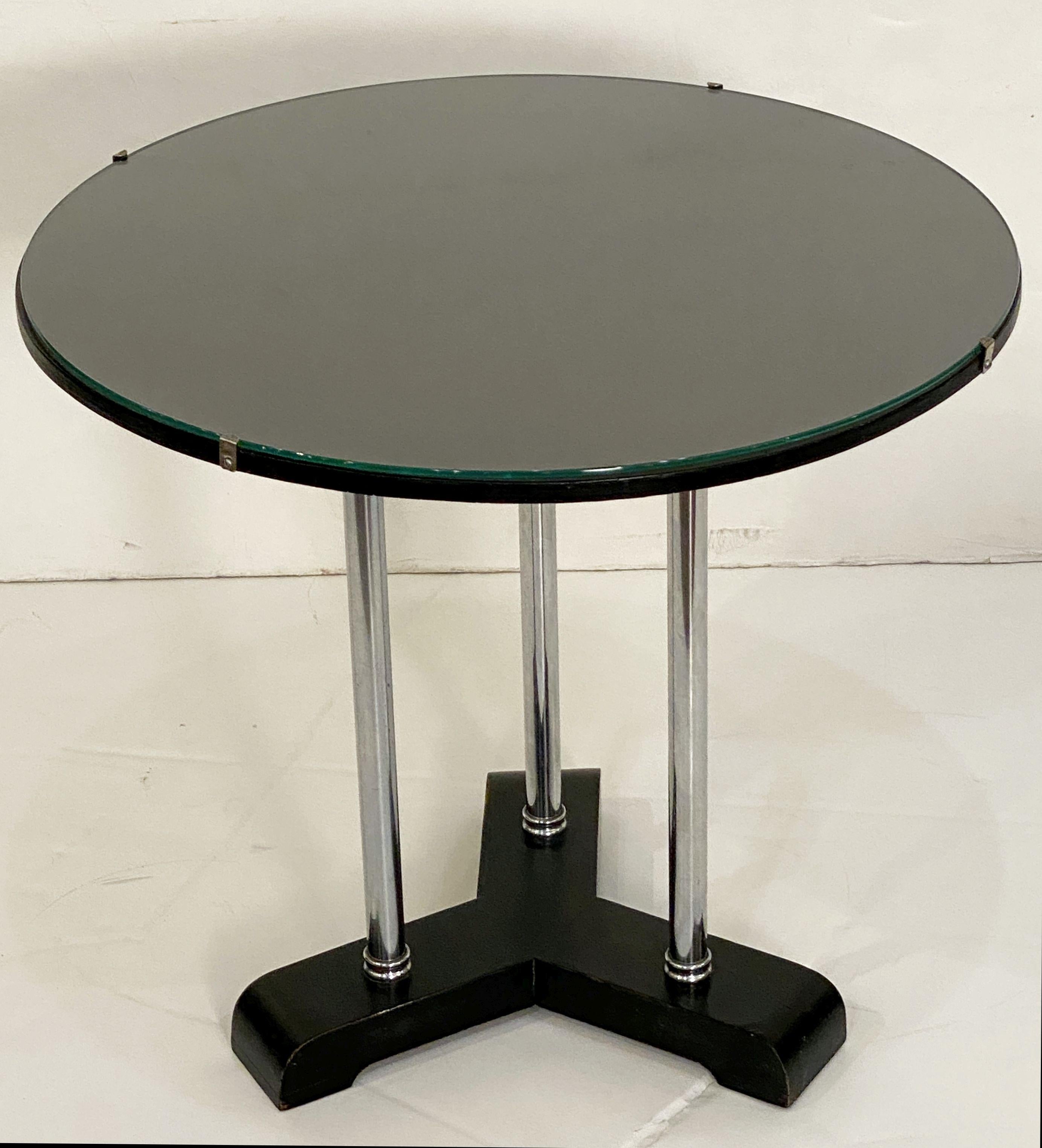 Metal English Art Deco Round Drinks Tripod Table of Chrome, Ebonized Wood, and Glass For Sale