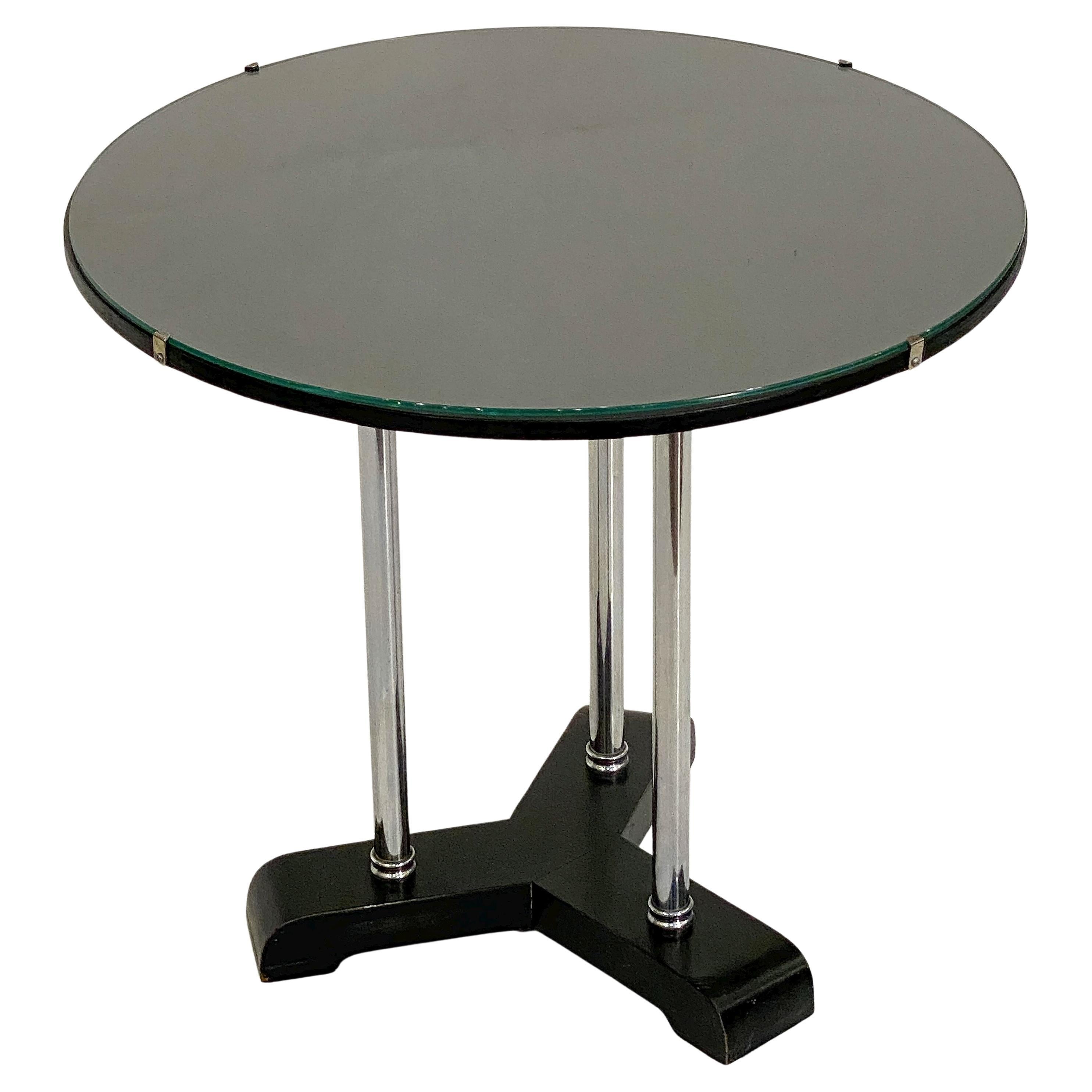 Englischer runder Getränke-Dreibein-Tisch aus Chrom, ebonisiertem Holz und Glas im Art déco-Stil 