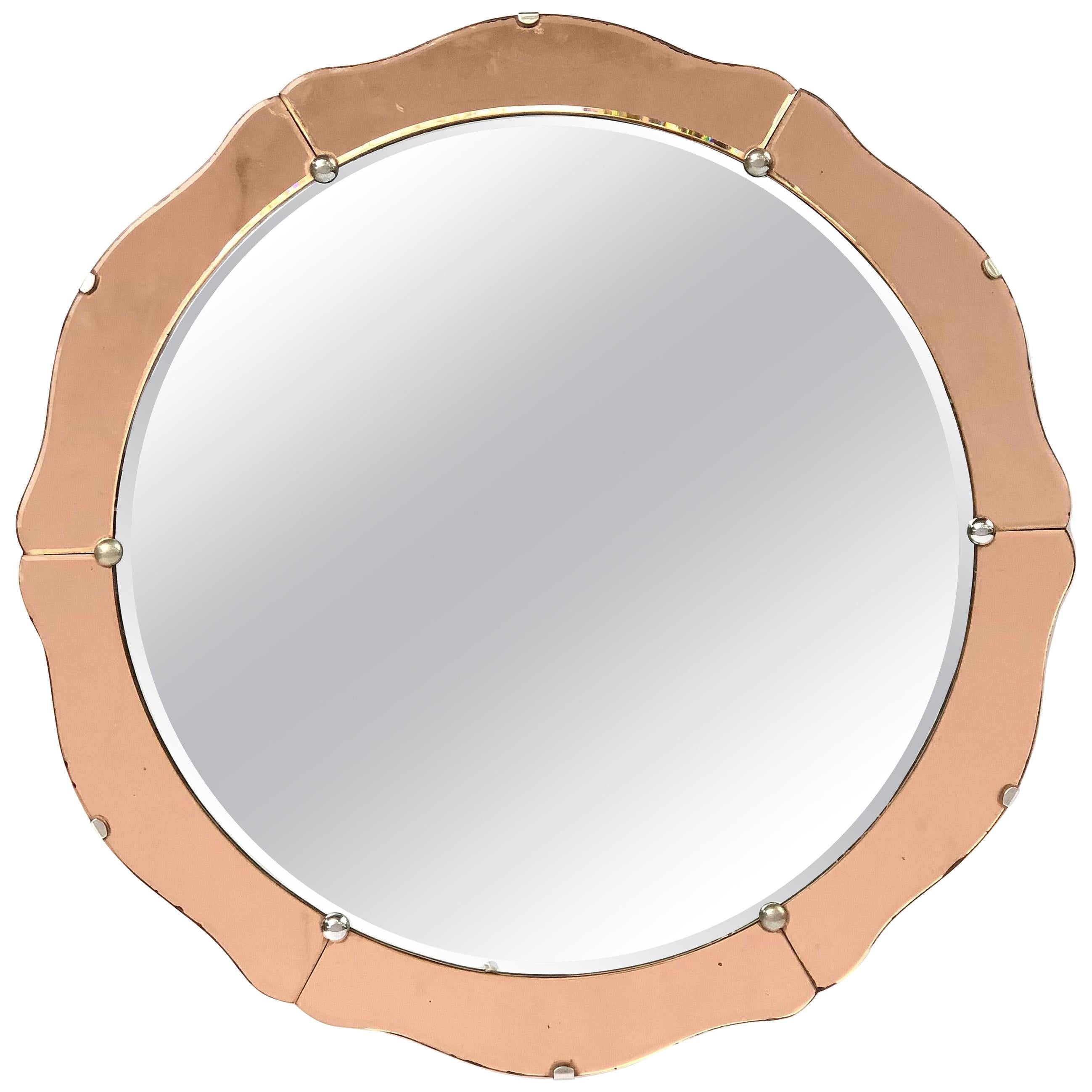 English Art Deco Round Mirror with Copper Glass (Diameter 19 3/4)