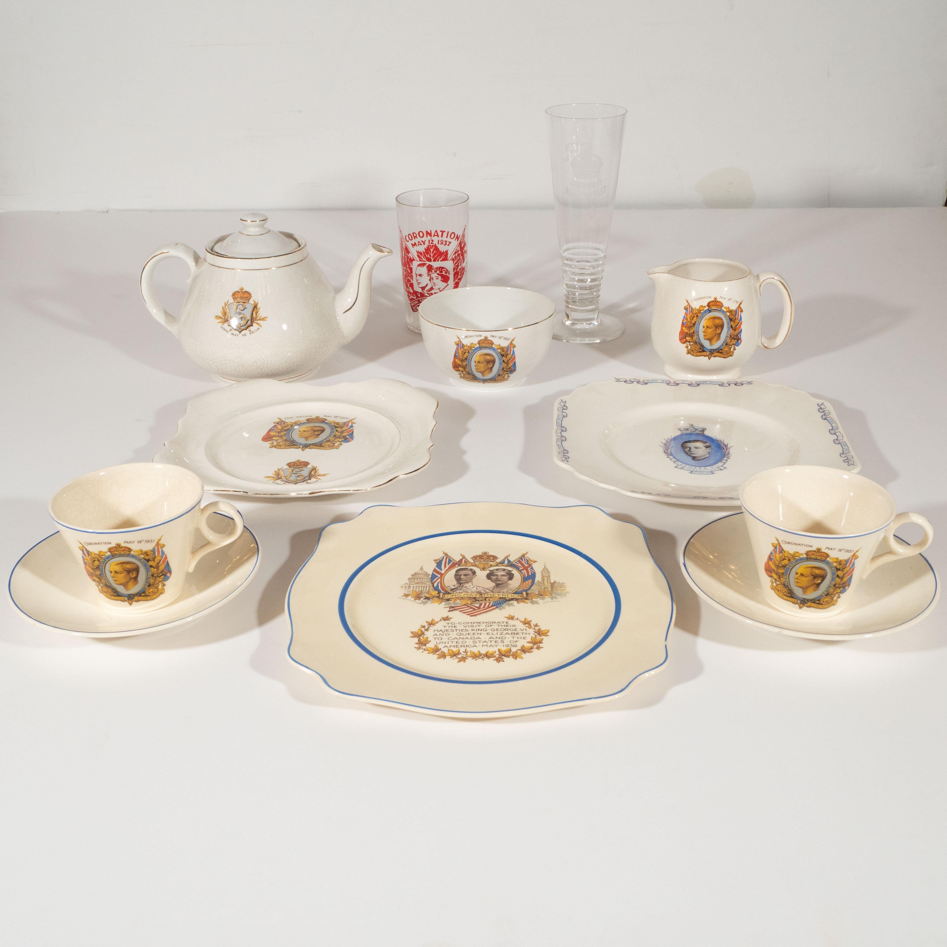 This collection of English commemorative ware consists of a 1937 Edward VIII coronation tea set, two 1837 Edward VIII coronation plates, a 1937 Edward VIII coronation flute, and a 1939 plate commemorating George VI and Queen Elizabeth's trip to the