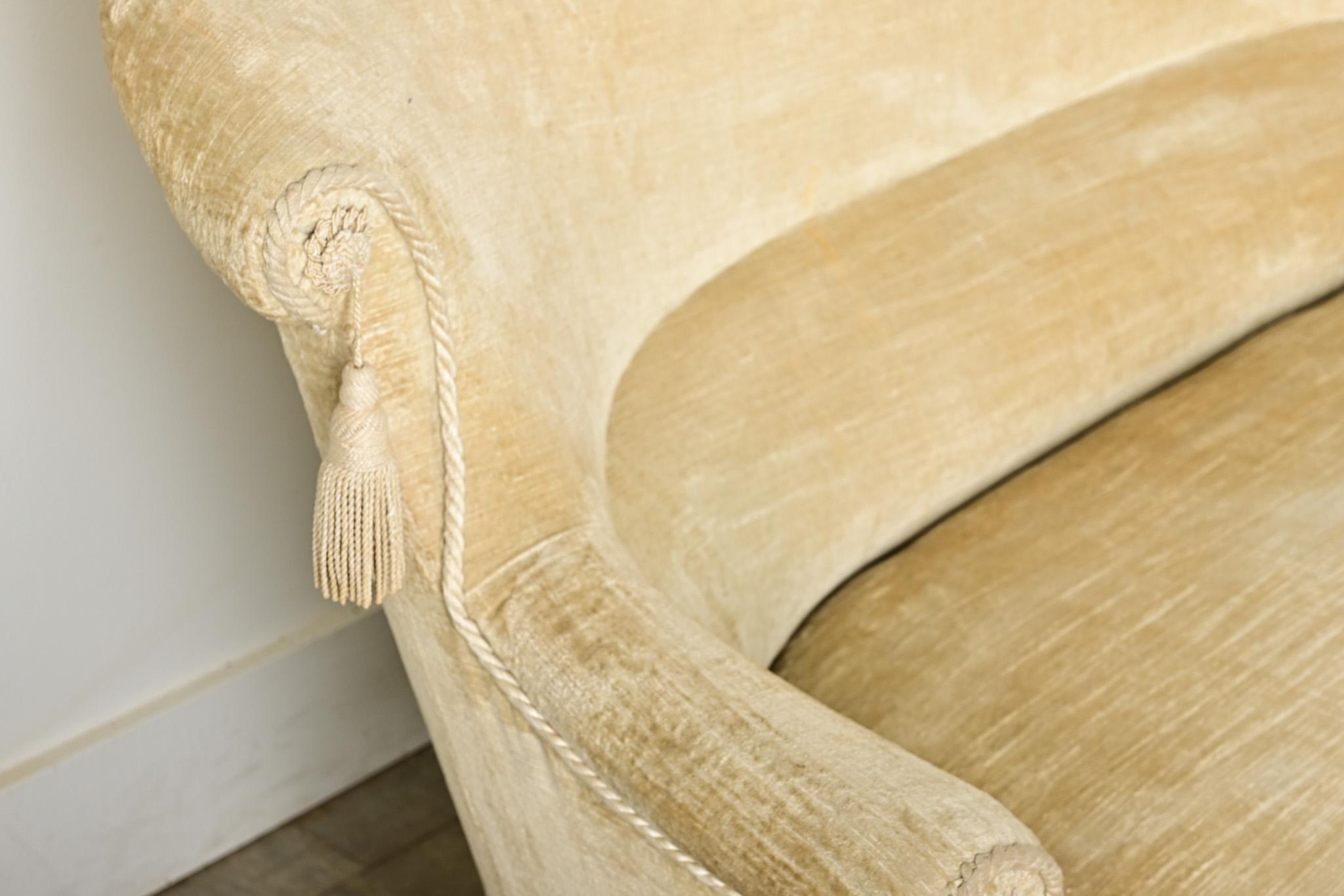 Velvet English Art Deco Settee with Tassels For Sale