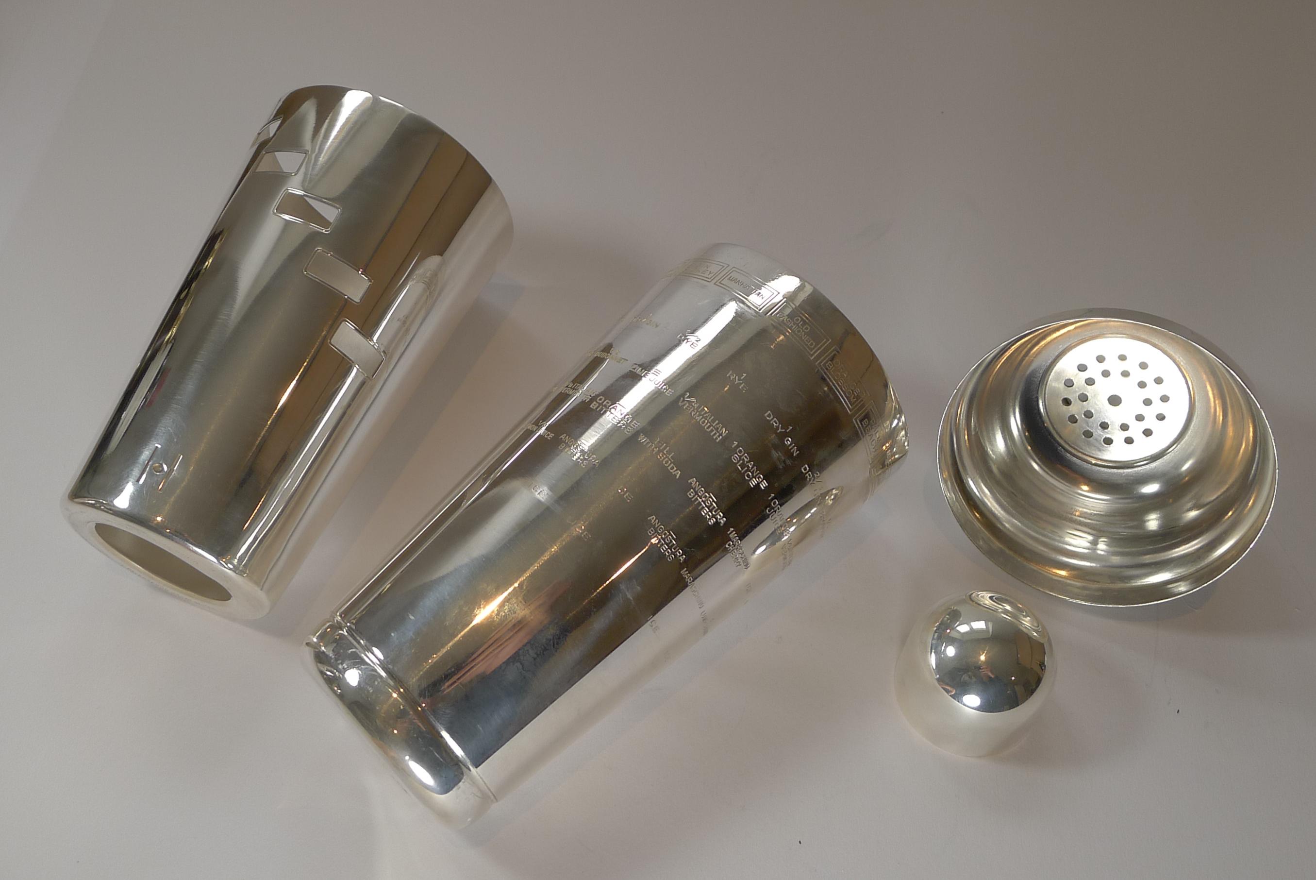 English Art Deco Silver Plated Novelty Recipe Cocktail Shaker, c.1930 8