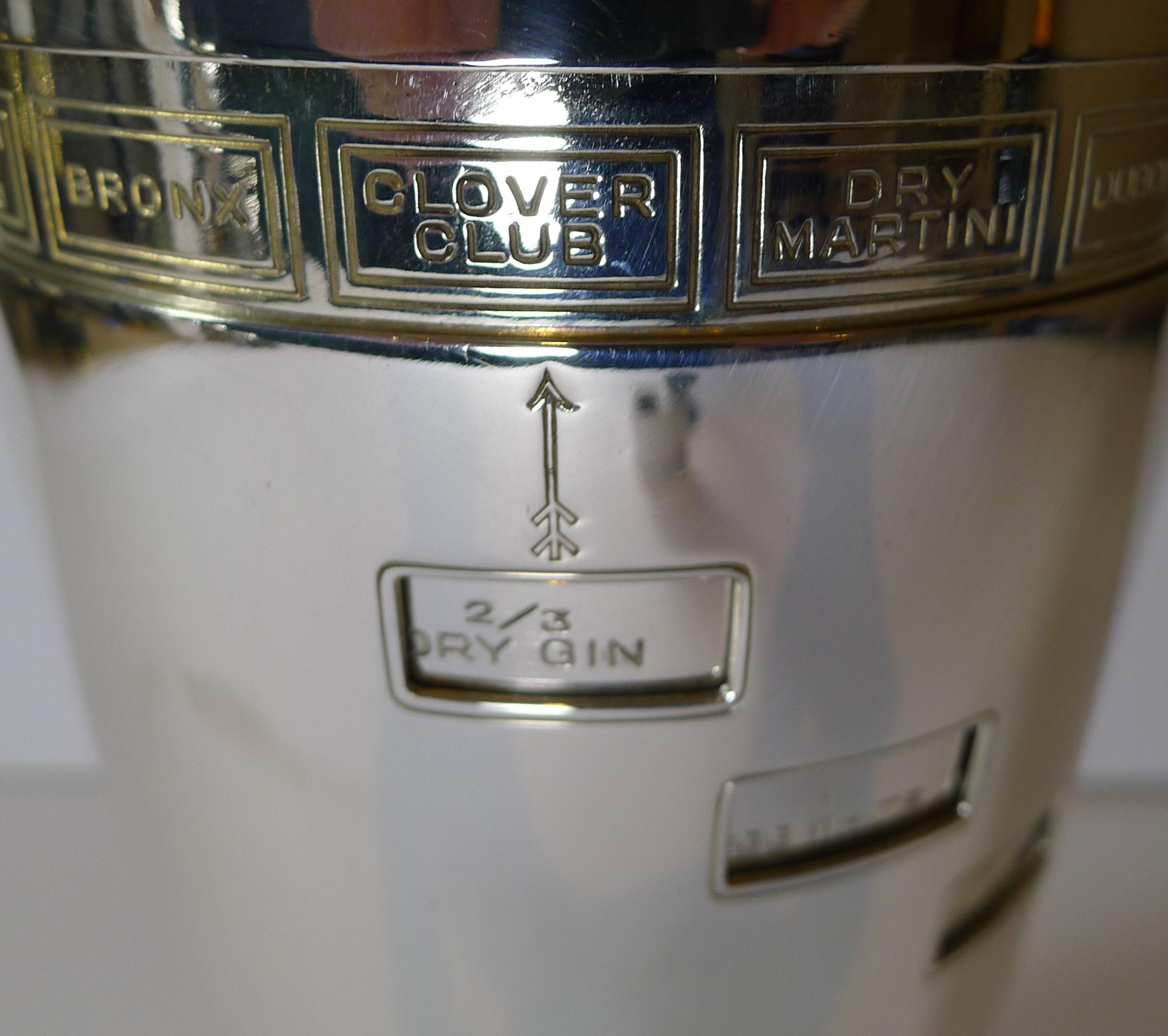 English Art Deco Silver Plated Novelty Recipe Cocktail Shaker, c.1930 In Good Condition In Bath, GB