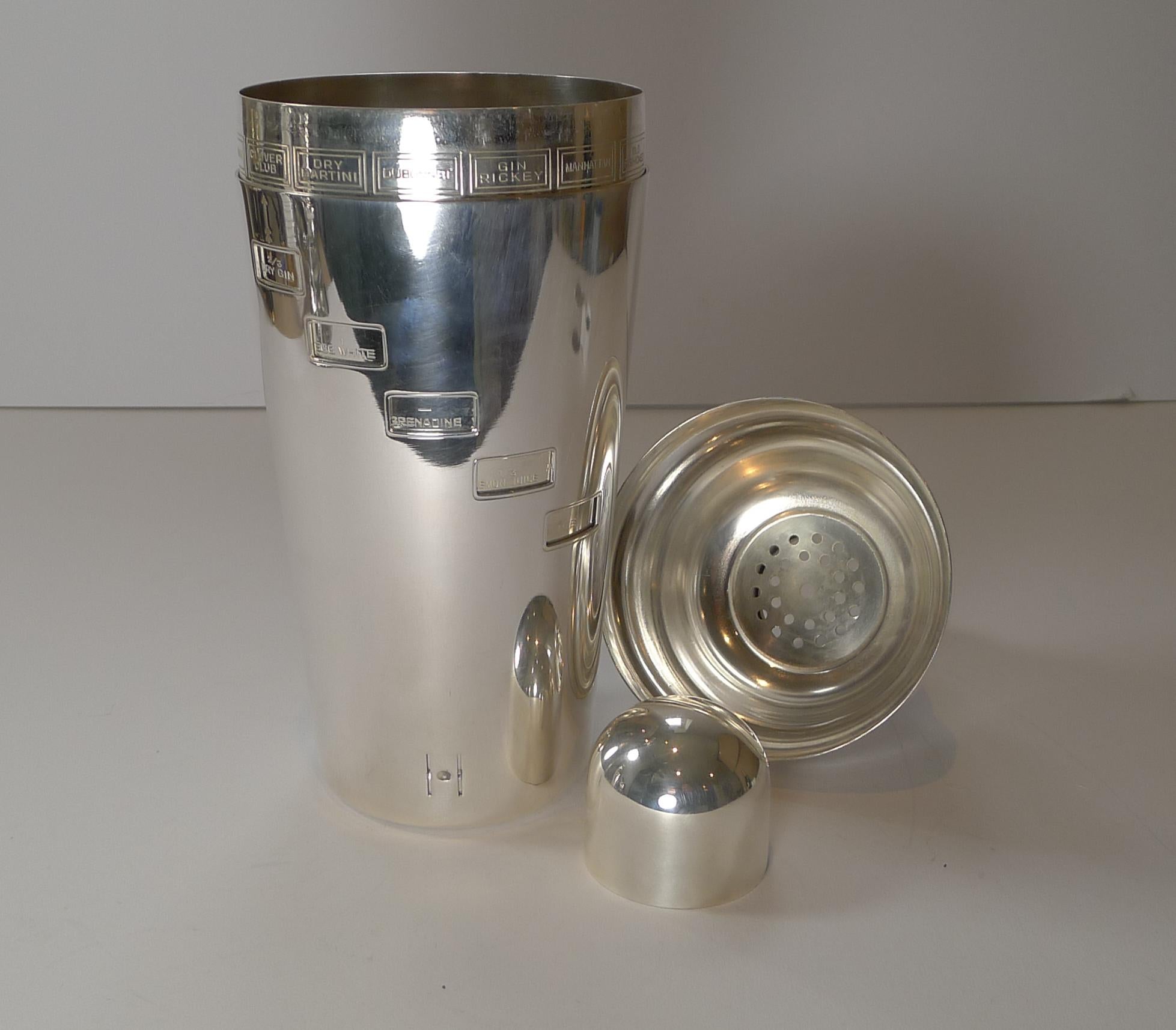 English Art Deco Silver Plated Novelty Recipe Cocktail Shaker, c.1930 5