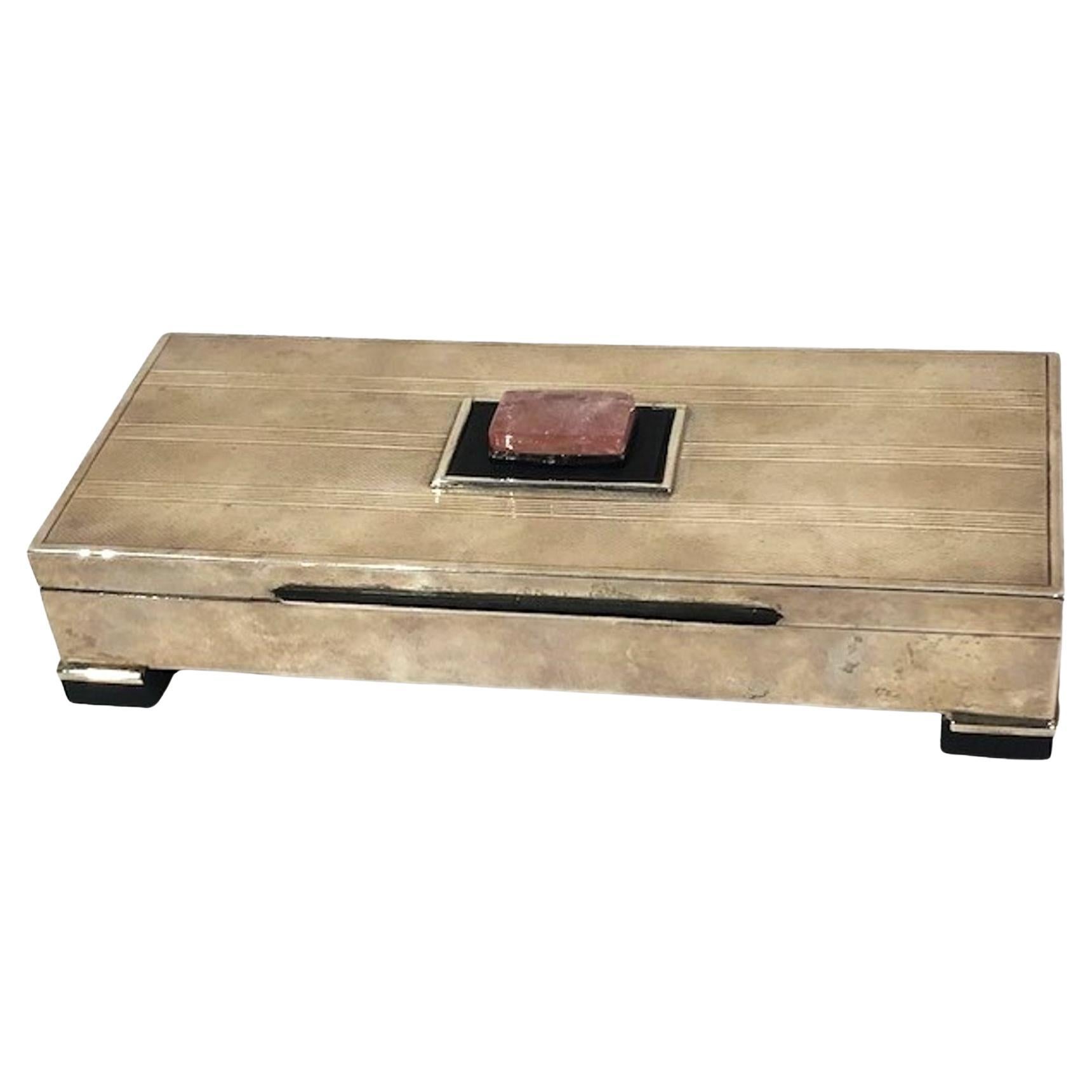 English Art Deco Silver, Quartz, Onyx & Wood Table Cigarette Box, Ca. 1930s