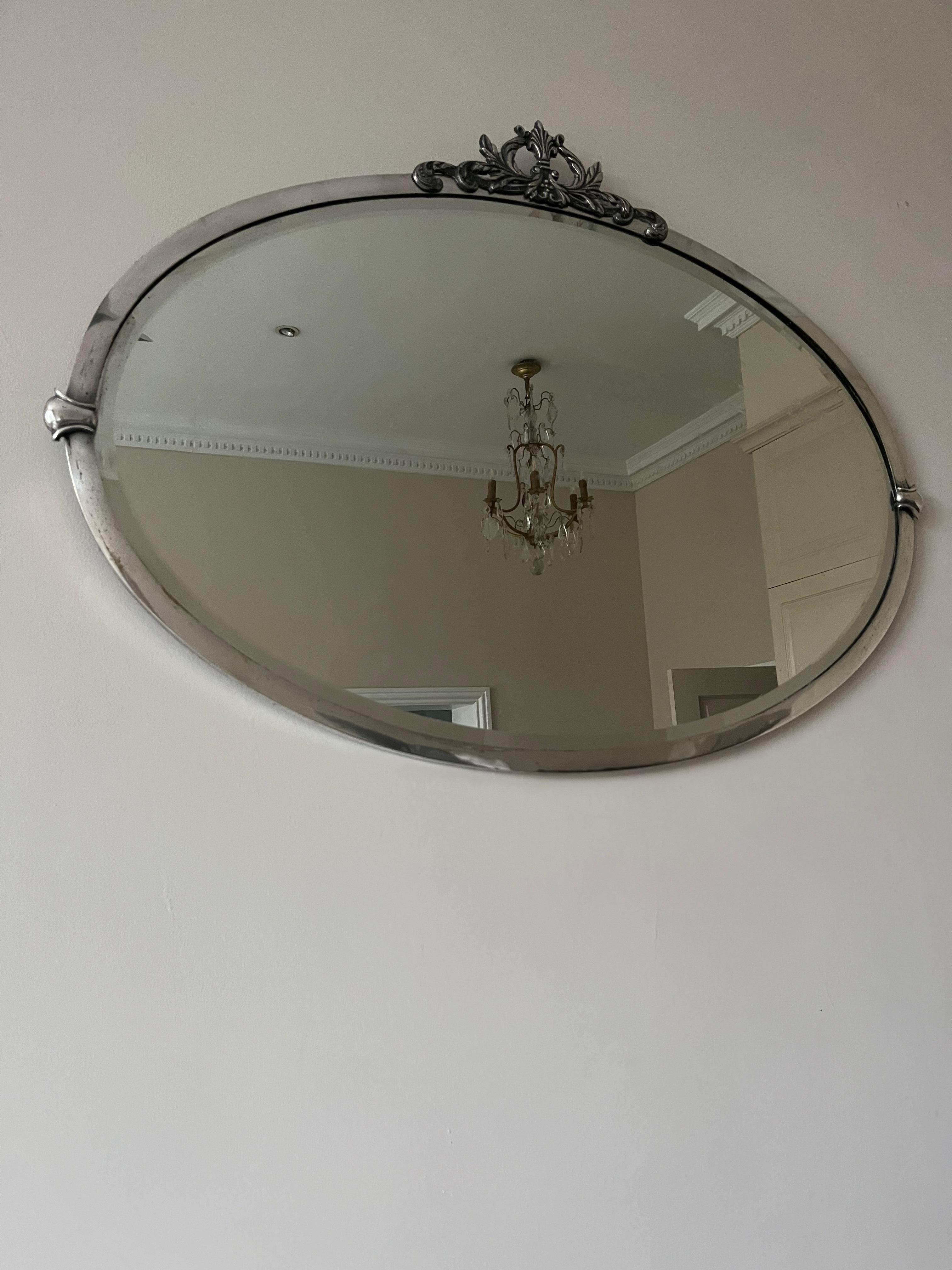 Silver Plate English Art Deco silverplate oval mirror