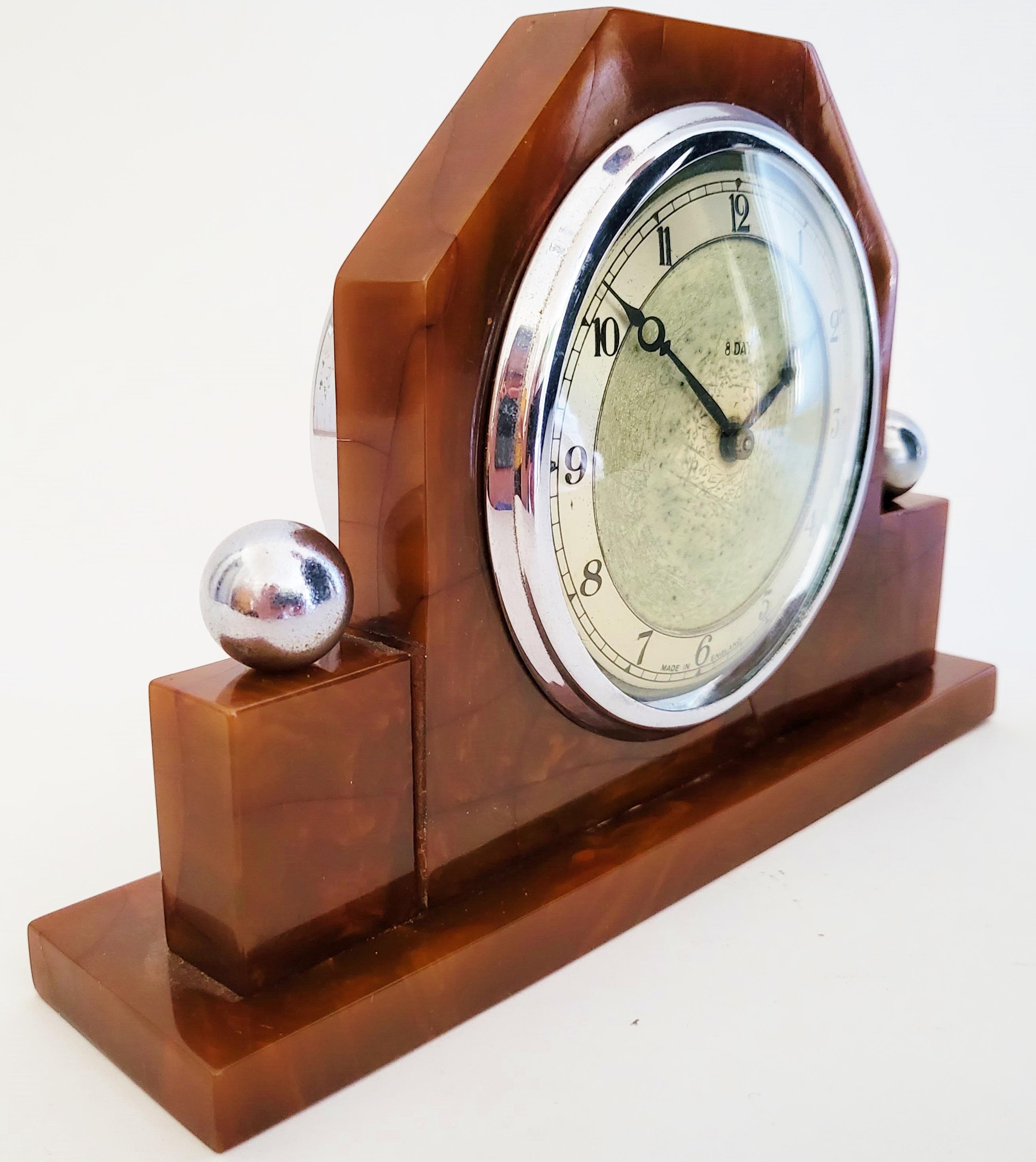 Molded English Art Deco Solid Tortoiseshell Bakelite & Chrome Mechanical Desk Clock For Sale