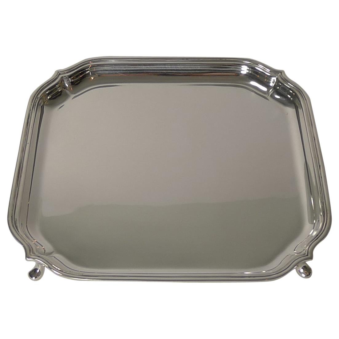 English Art Deco Square Solid Sterling Silver Salver or Tray