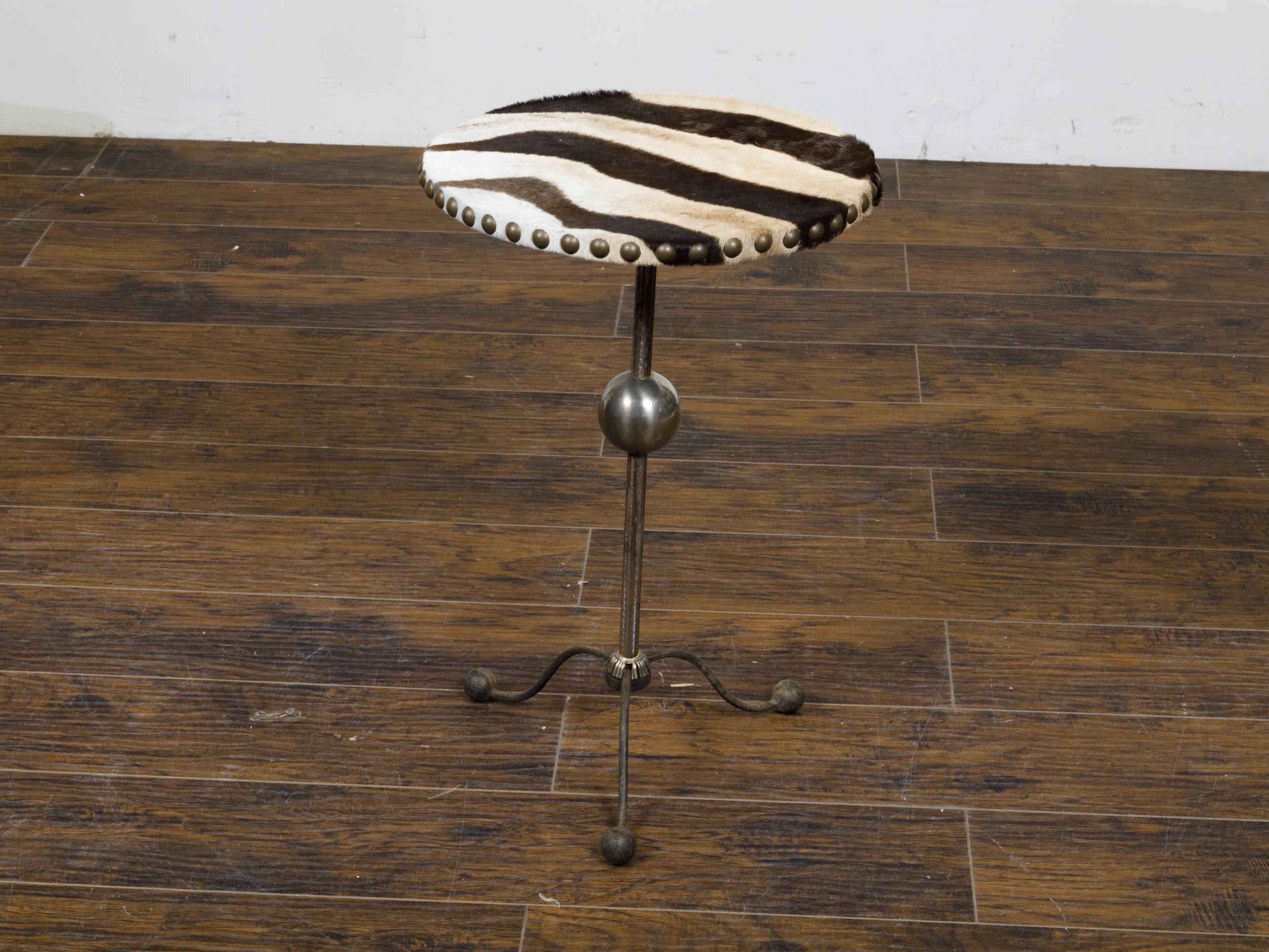 English Art Deco Steel Guéridon Side Table with Zebra Hide Upholstered Top In Good Condition For Sale In Atlanta, GA