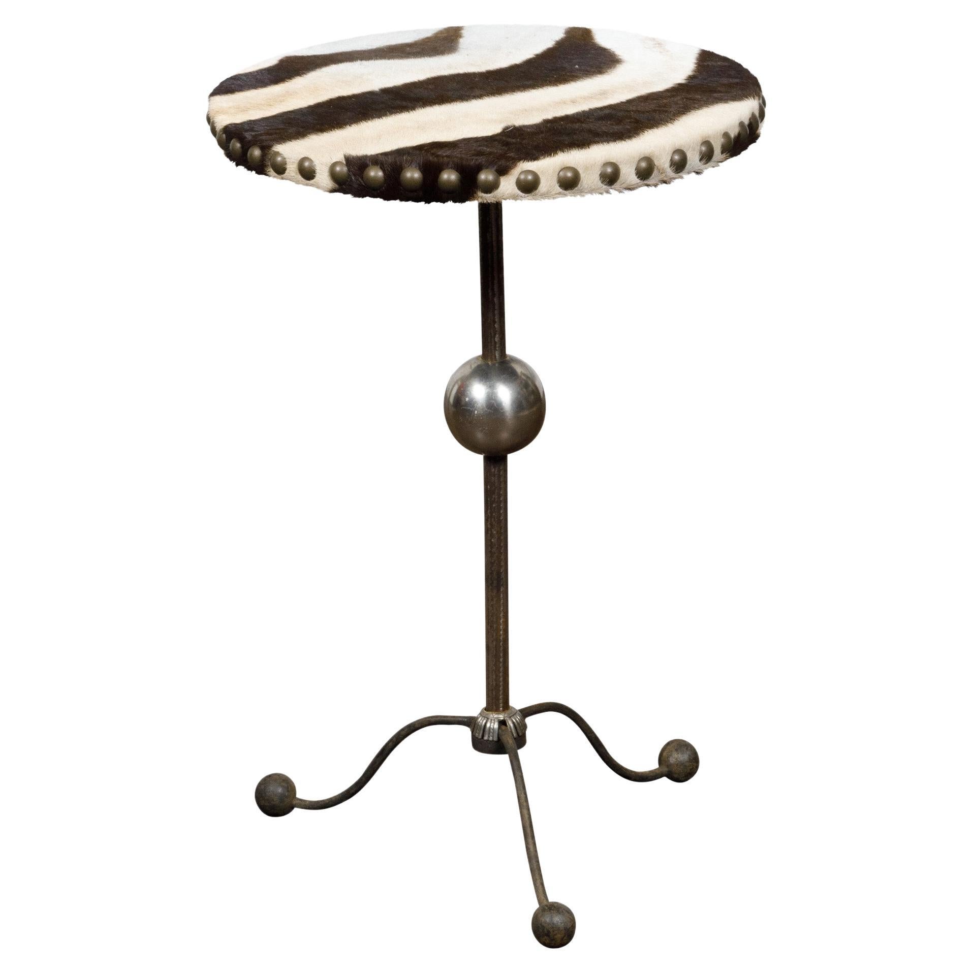 English Art Deco Steel Guéridon Side Table with Zebra Hide Upholstered Top For Sale