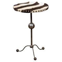 Antique English Art Deco Steel Guéridon Side Table with Zebra Hide Upholstered Top