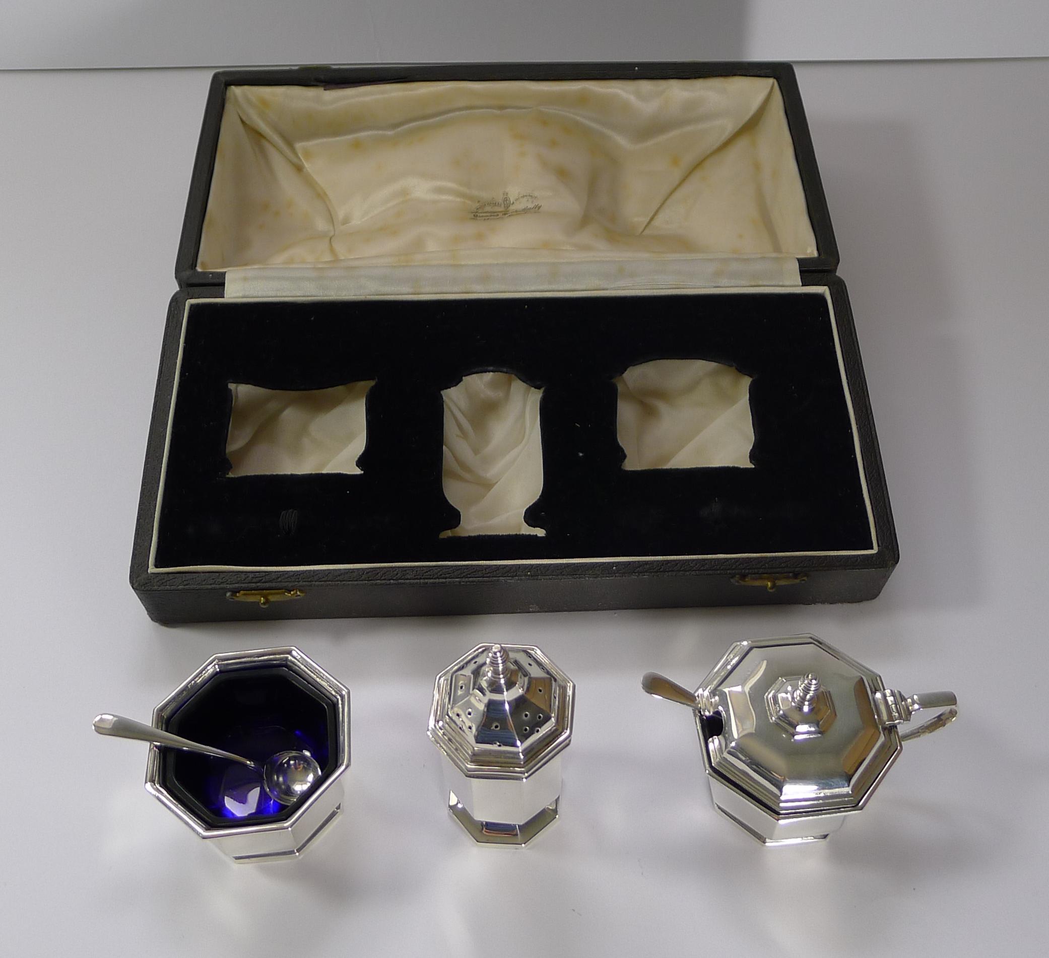English Art Deco Sterling Silver Condiment Set by Henry Clifford Davis 7