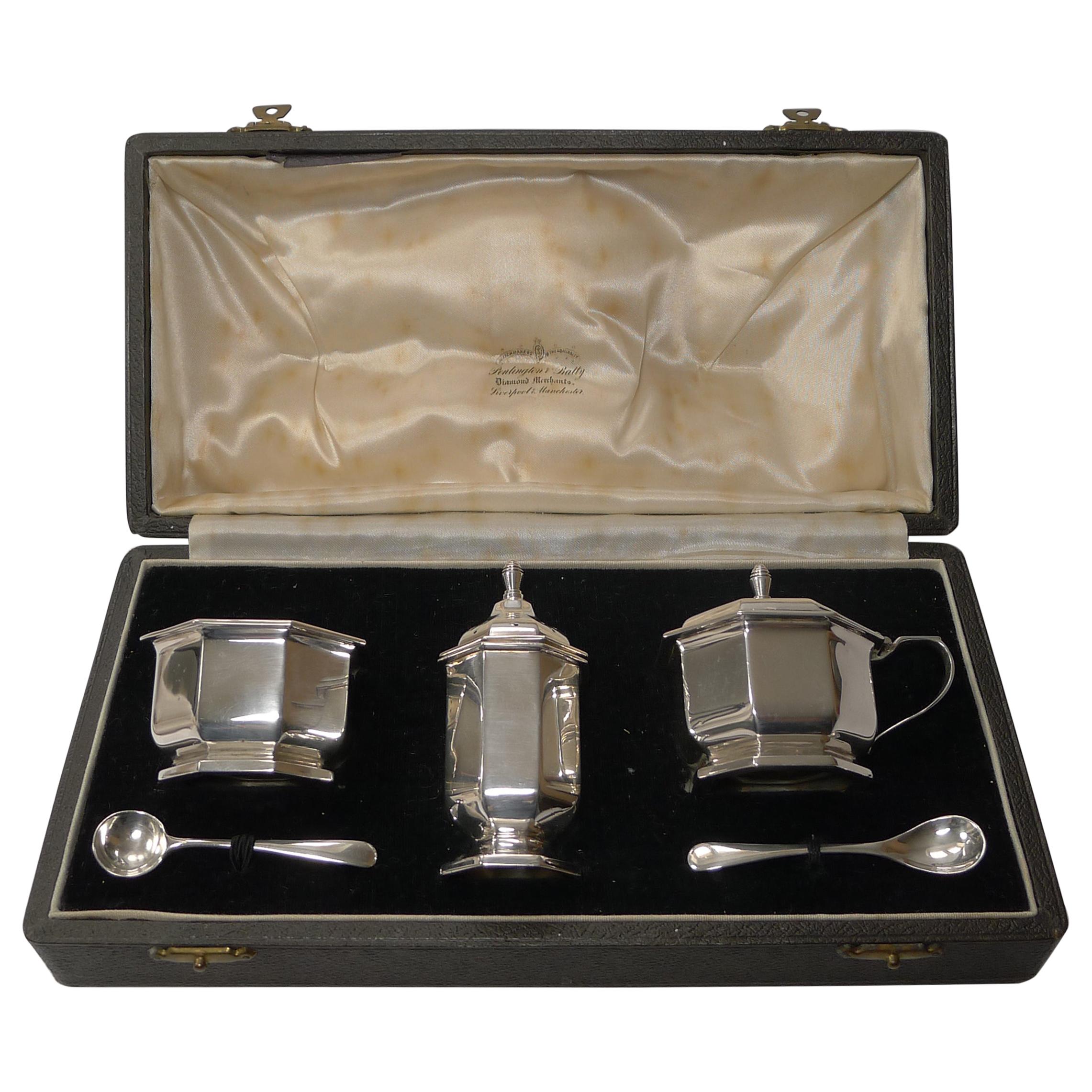 English Art Deco Sterling Silver Condiment Set by Henry Clifford Davis