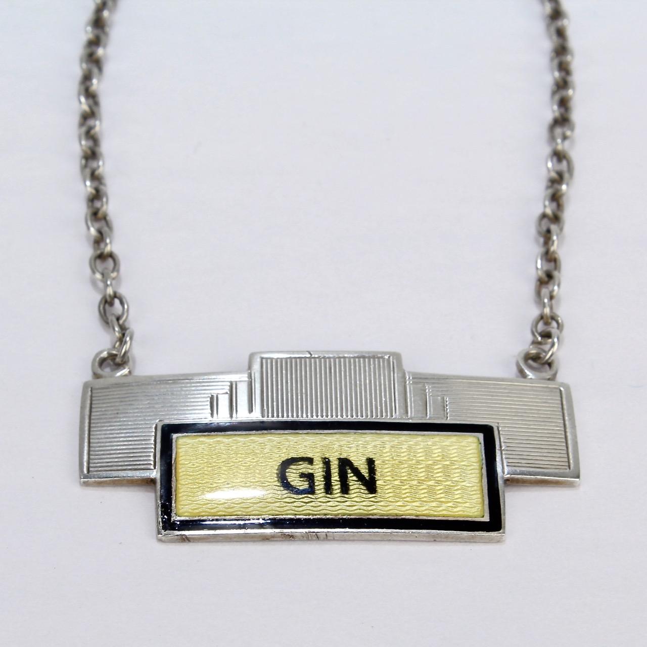 English Art Deco Sterling Silver and Enamel Gin Decanter or Liquor Label In Fair Condition In Philadelphia, PA