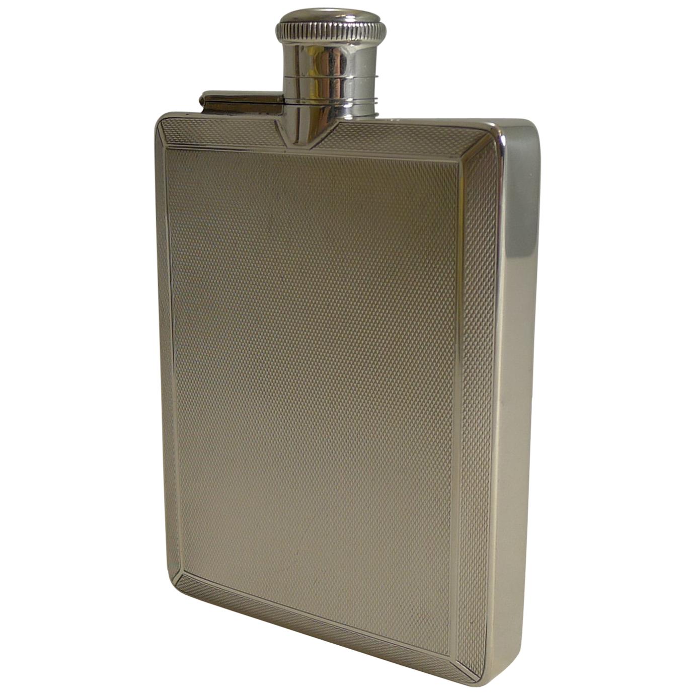 English Art Deco Sterling Silver Hip Flask by Mappin and Webb