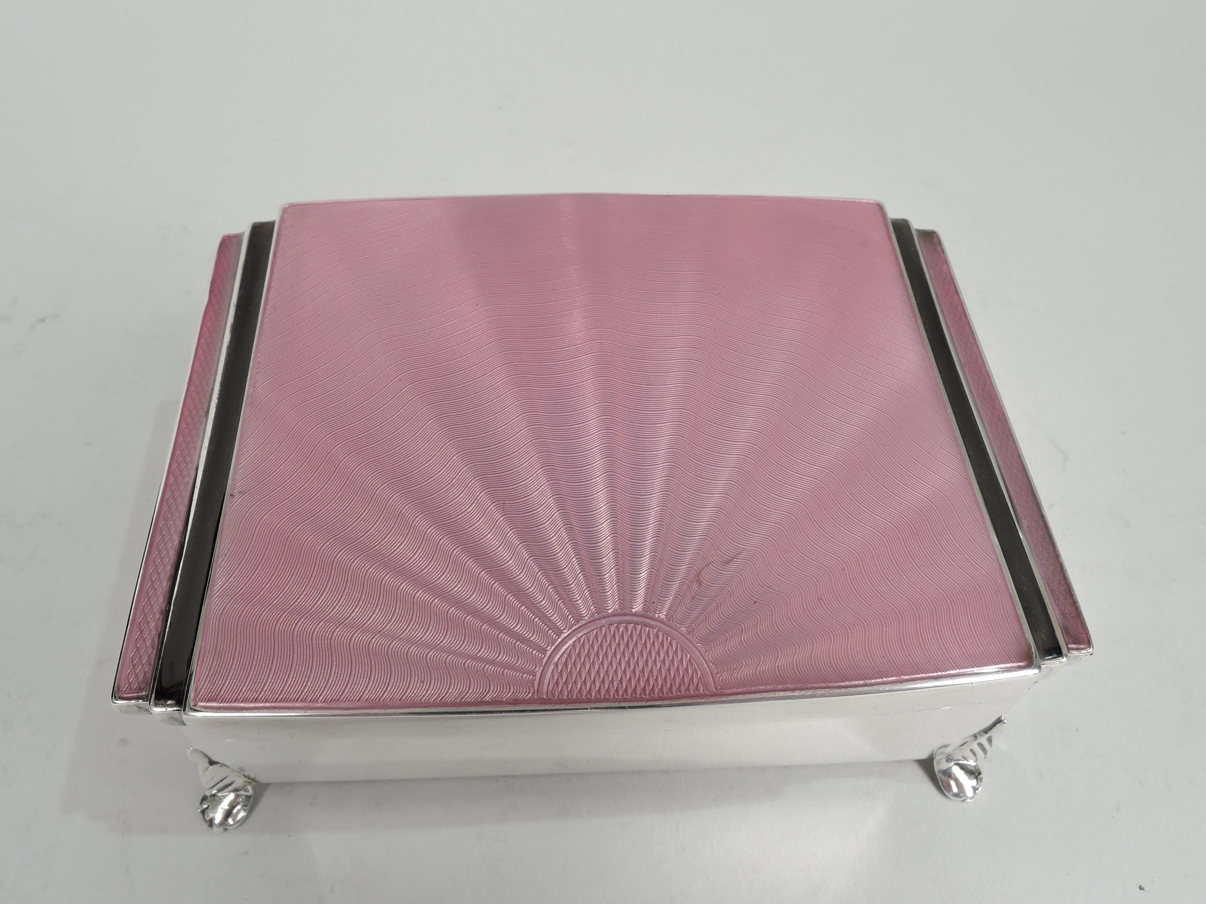 English Art Deco Sterling Silver & Pink Enamel Jewelry Box In Excellent Condition In New York, NY