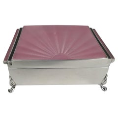 English Art Deco Sterling Silver & Pink Enamel Jewelry Box