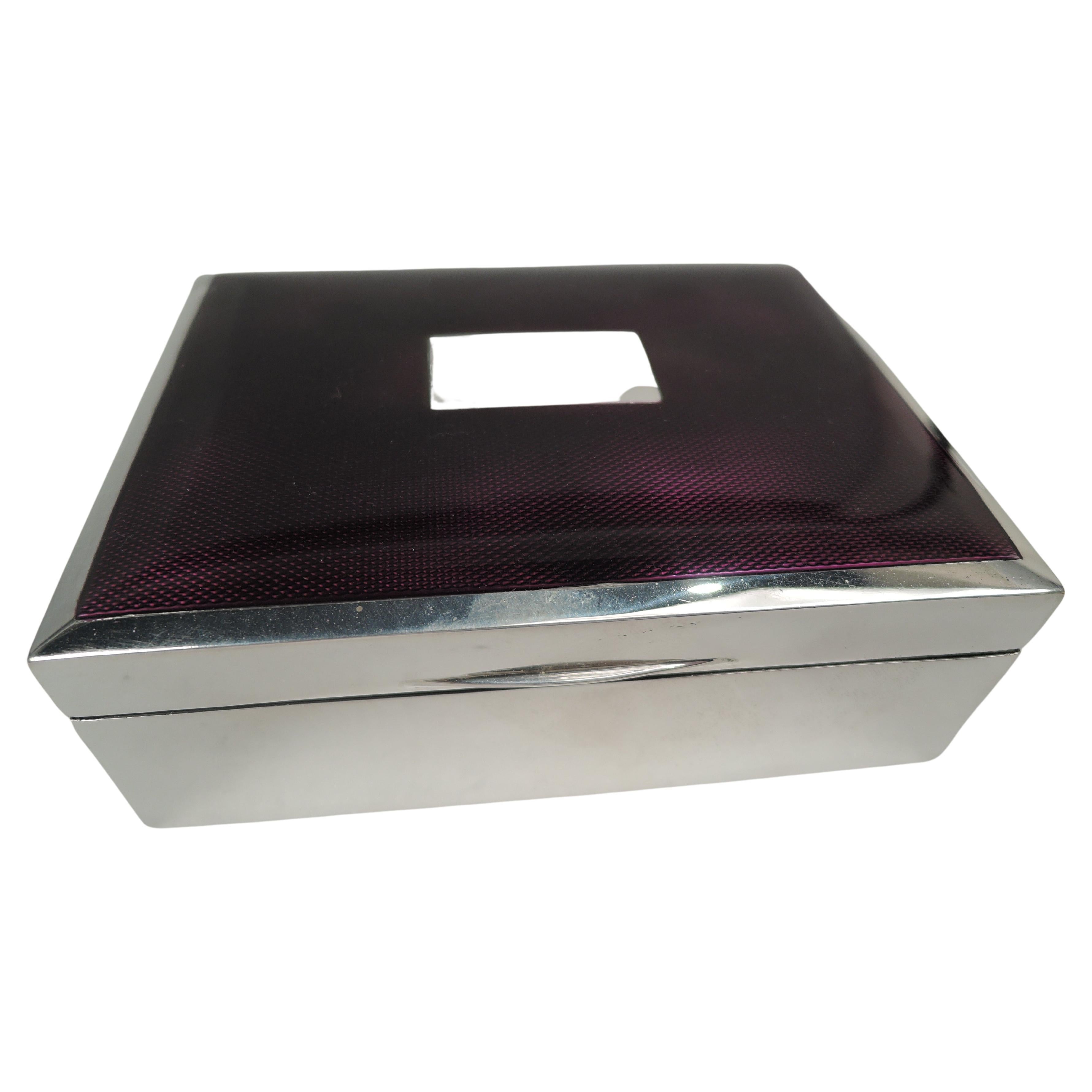 English Art Deco Sterling Silver & Purple Enamel Box, 1972 For Sale