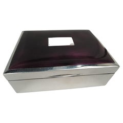 English Art Deco Sterling Silver & Purple Enamel Box, 1972