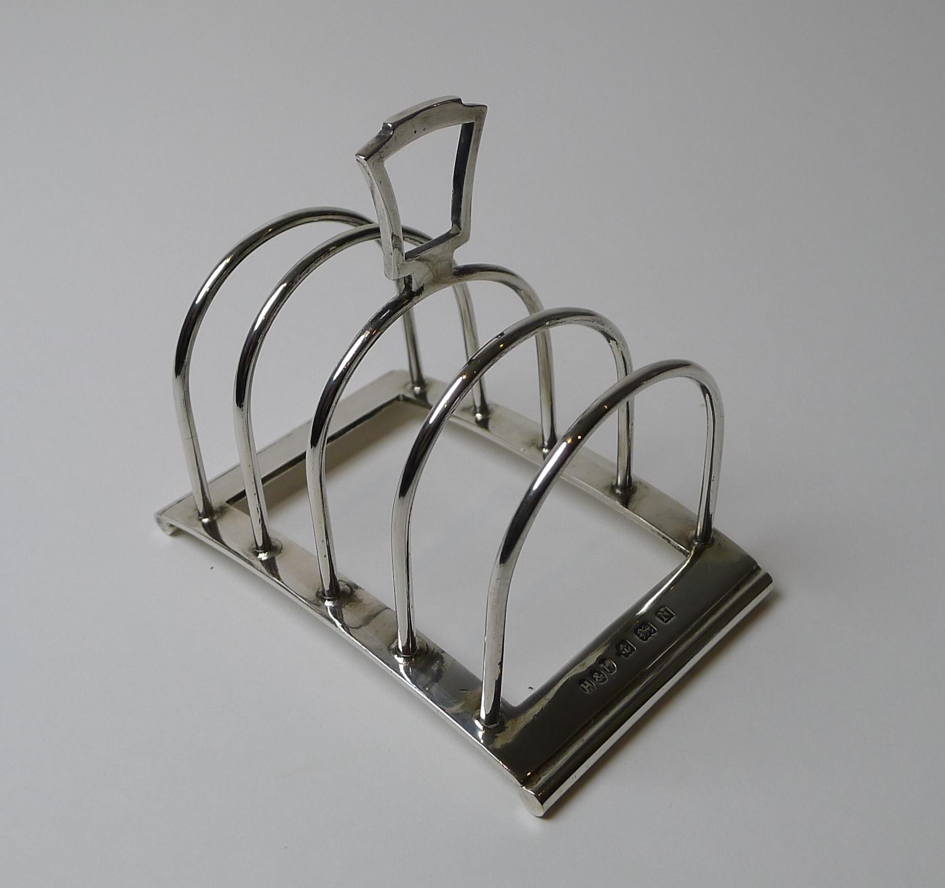 British English Art Deco Sterling Silver Toast Rack by Hukin & Heath For Sale