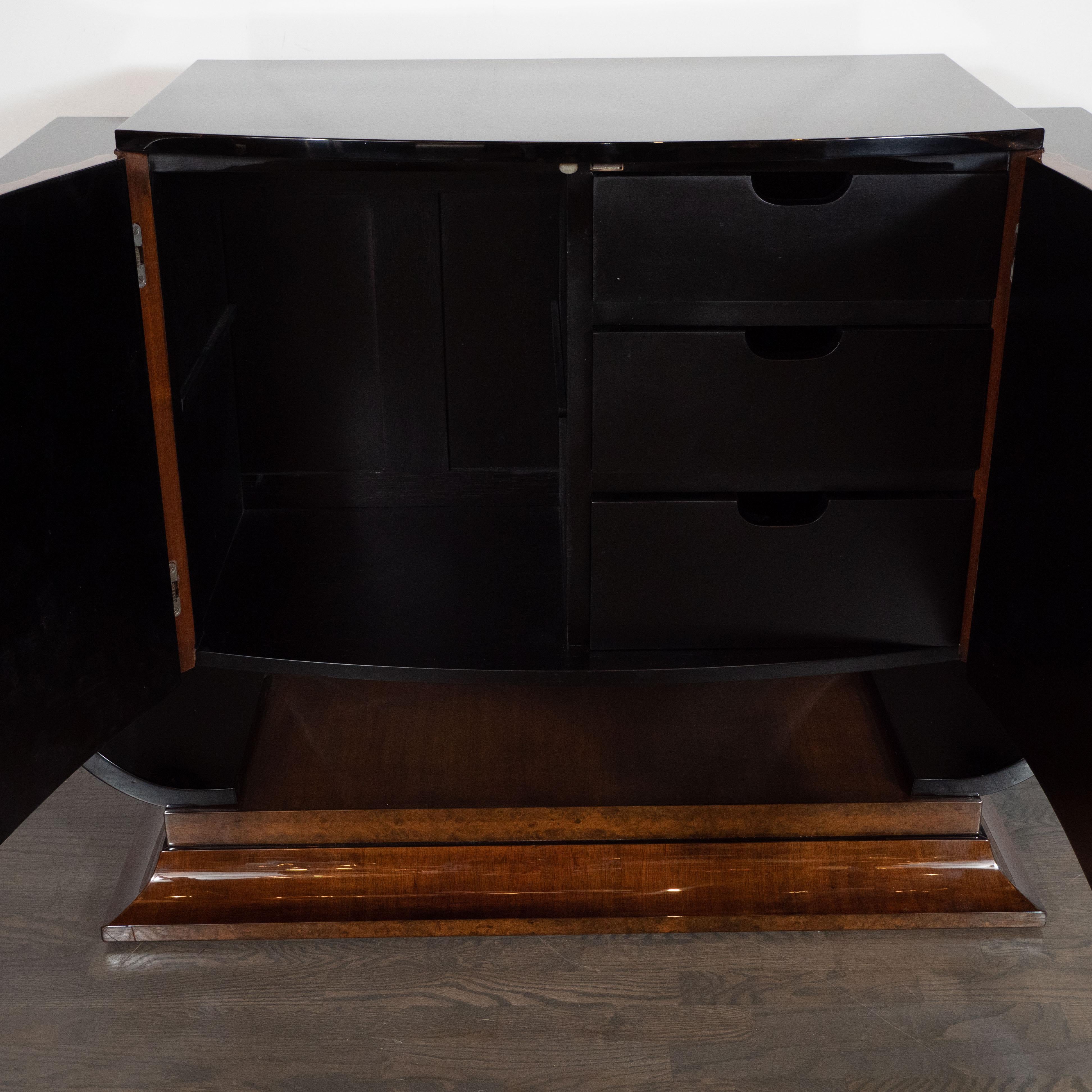 Mid-20th Century English Art Deco Streamlined Black Lacquer and Burled Carpathian Elm Cabinet