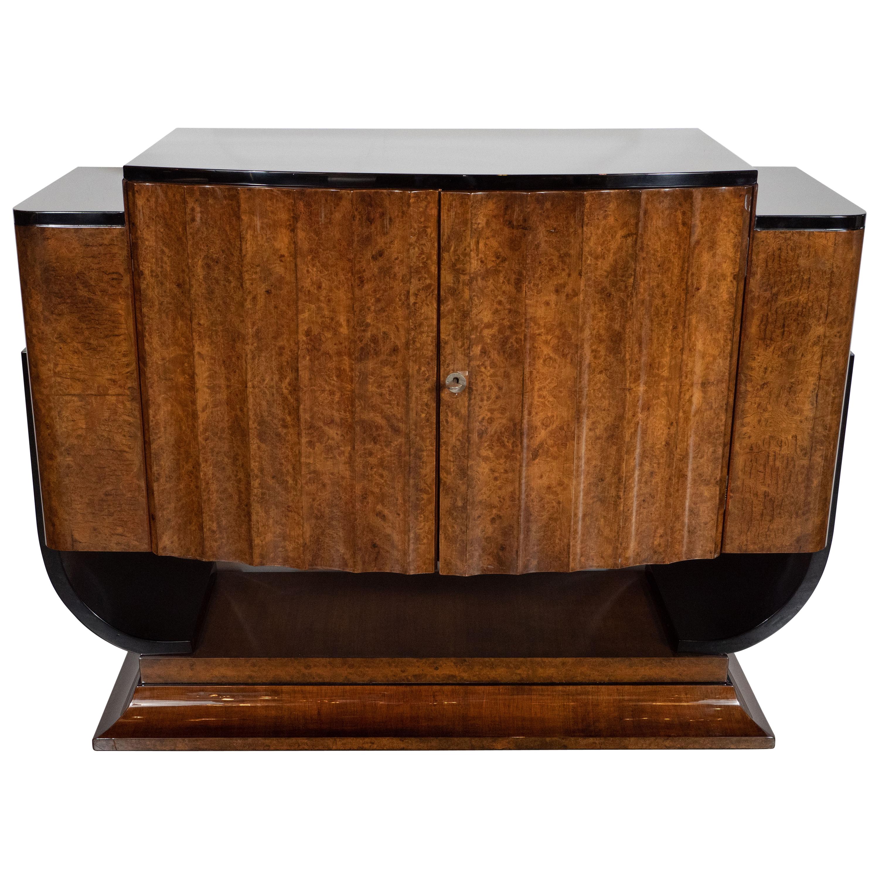 English Art Deco Streamlined Black Lacquer and Burled Carpathian Elm Cabinet