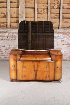 English Art Deco Style Walnut Dresser with a Bevelled Mirror, c. 1950s