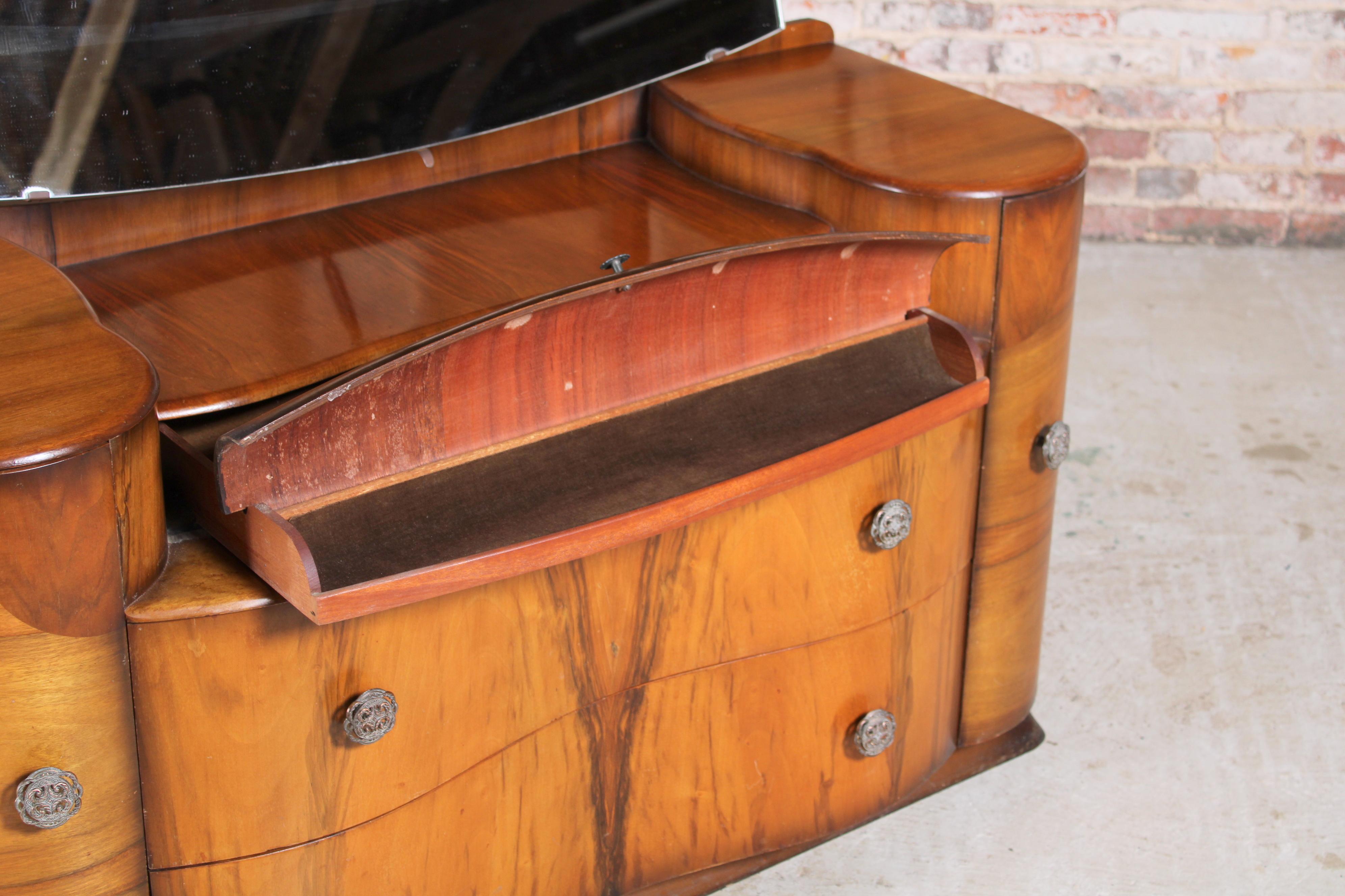 European English Art Deco Style Walnut Dresser with a Bevelled Mirror, c. 1950s