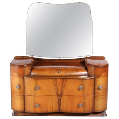English Art Deco Style Walnut Dresser with a Bevelled Mirror, c. 1950s