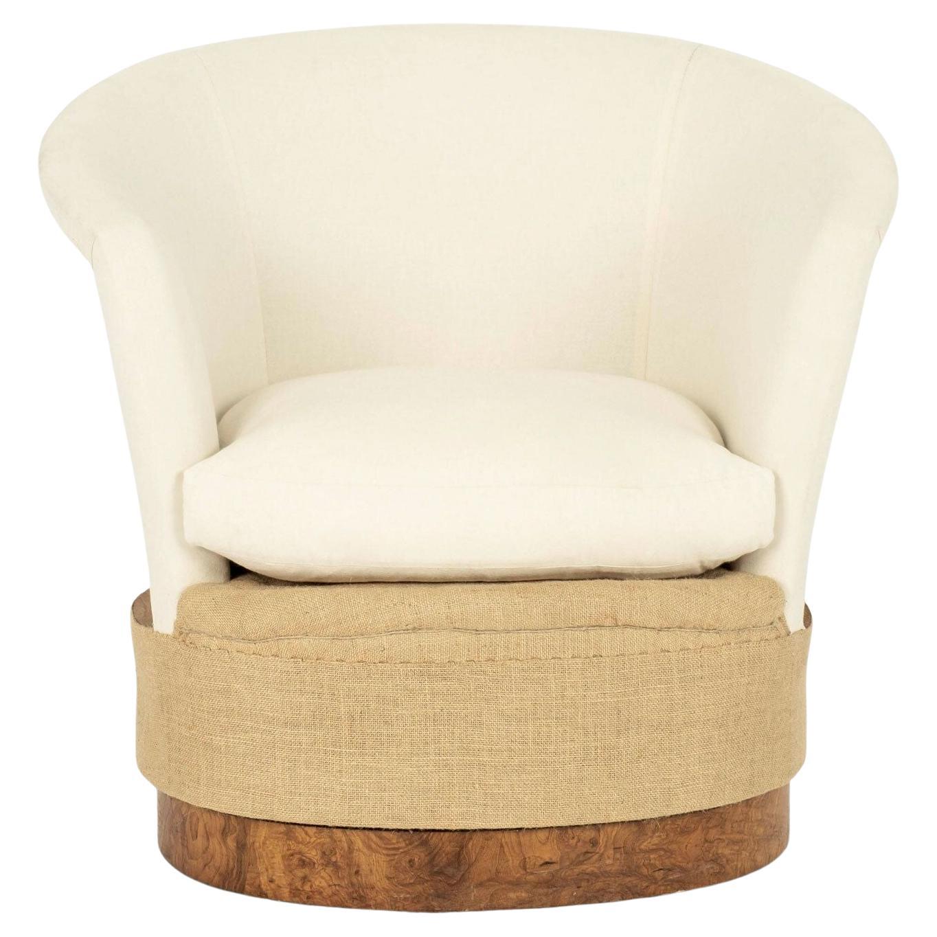 English Art Deco tub chair: pine upholstered in cotton and burlap. Circa 1925-1935.