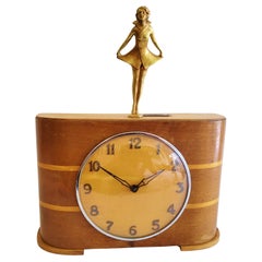 Vintage English Art Deco Two-Tone Wood Metamec "Time Savings Clock" with Figural Topper