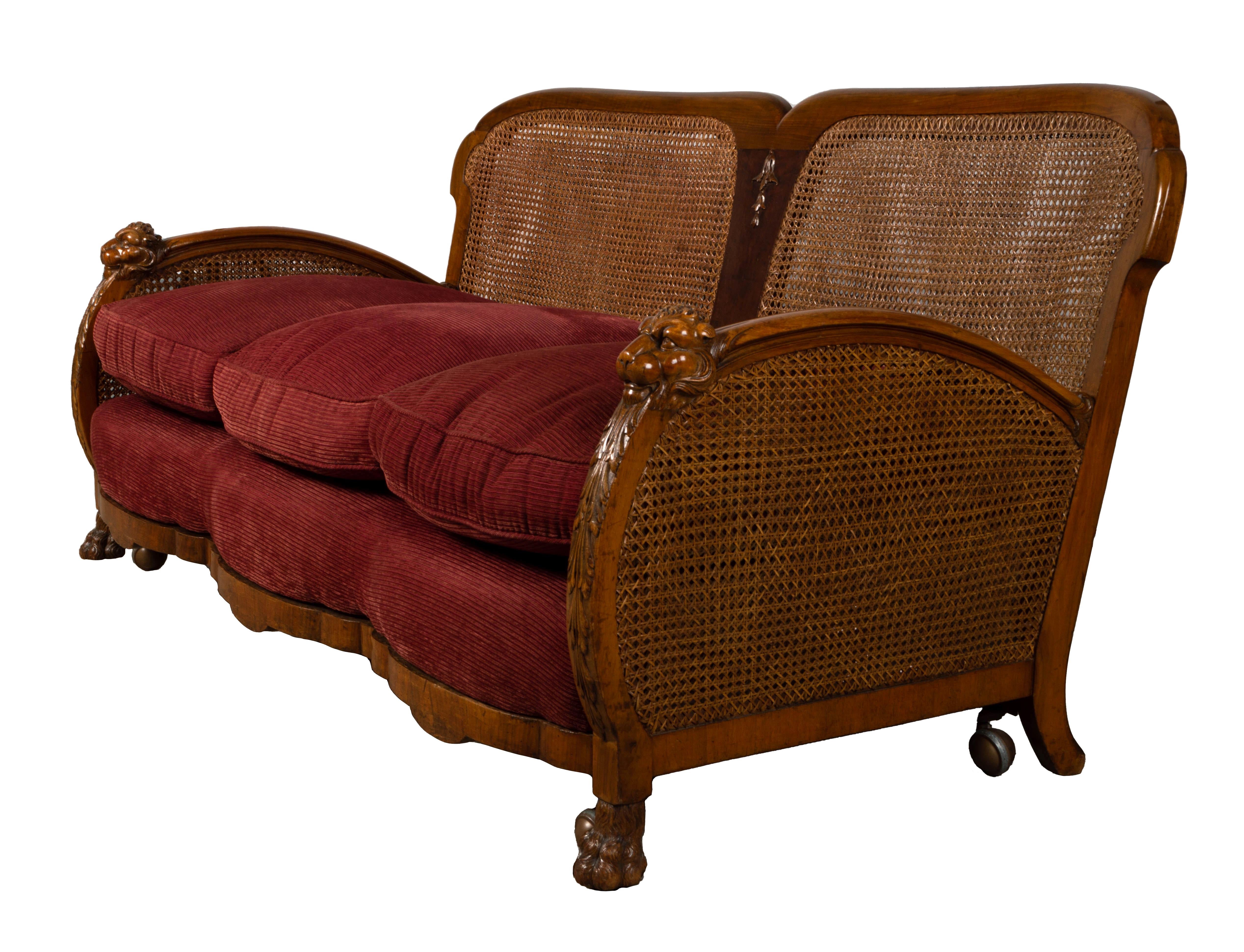 English Art Deco Walnut Framed Cane Bergere Sofa C.1920 For Sale 5