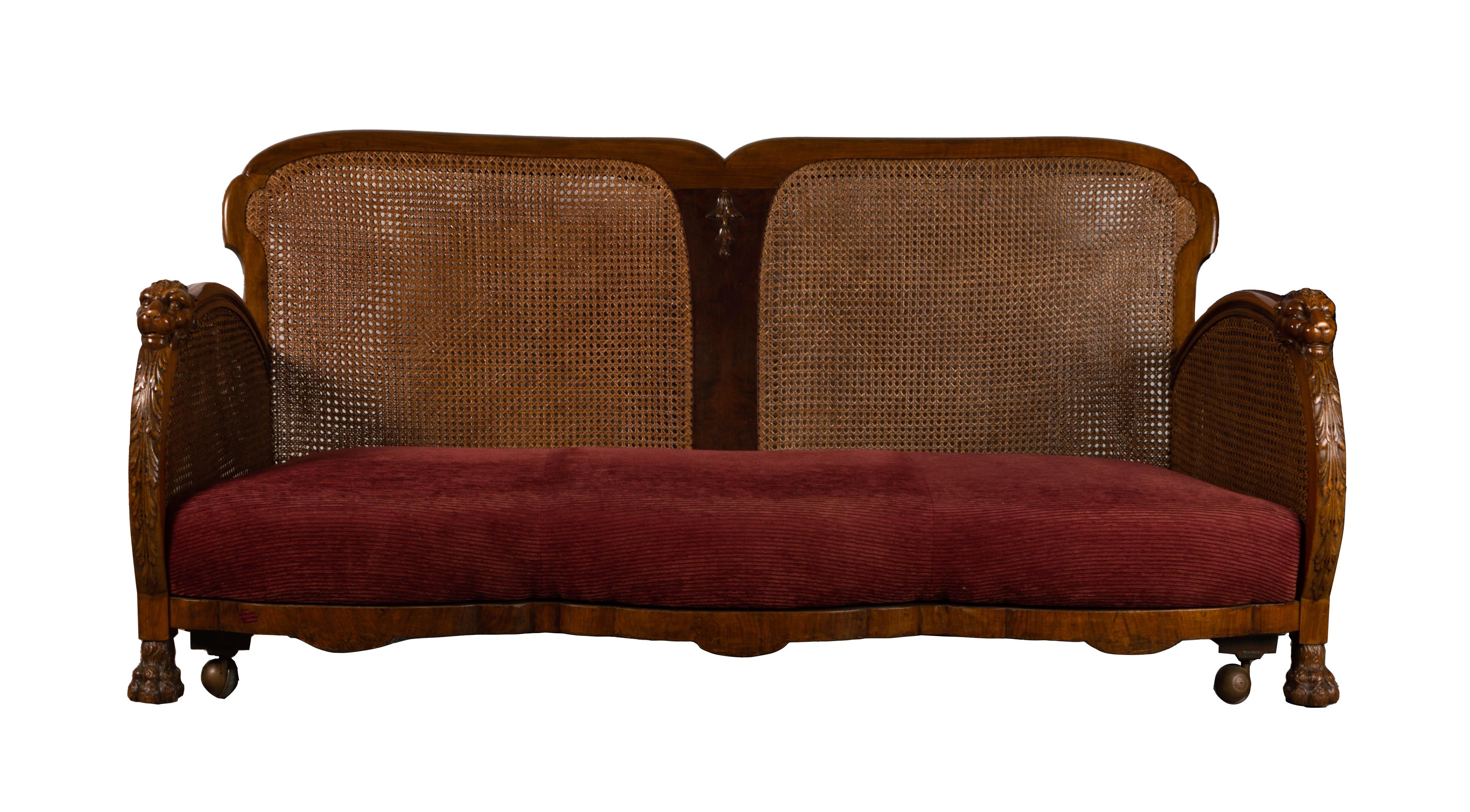 English Art Deco Walnut Framed Cane Bergere Sofa C.1920 For Sale 6