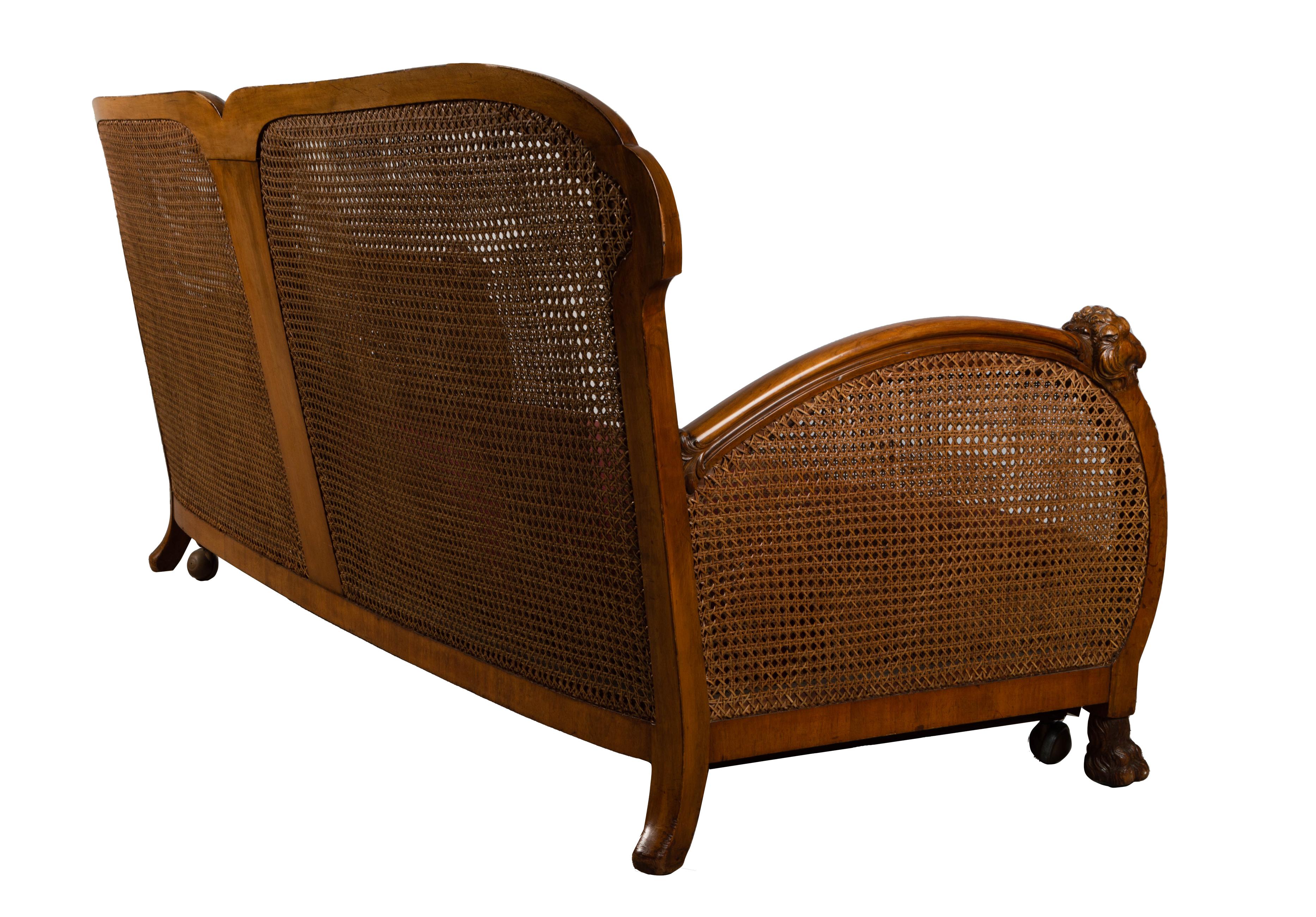 English Art Deco Walnut Framed Cane Bergere Sofa C.1920 For Sale 9