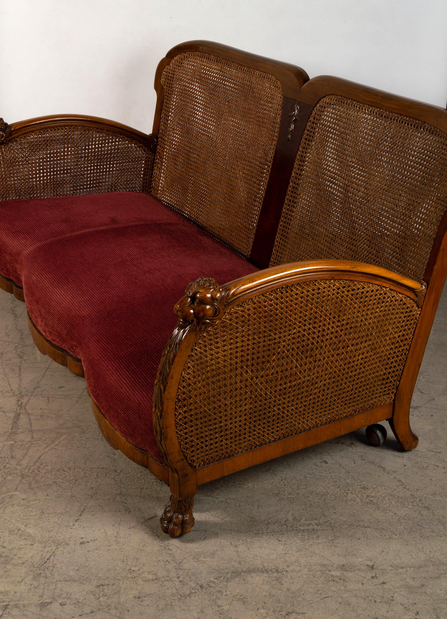 English Art Deco Walnut Framed Cane Bergere Sofa C.1920 For Sale 9