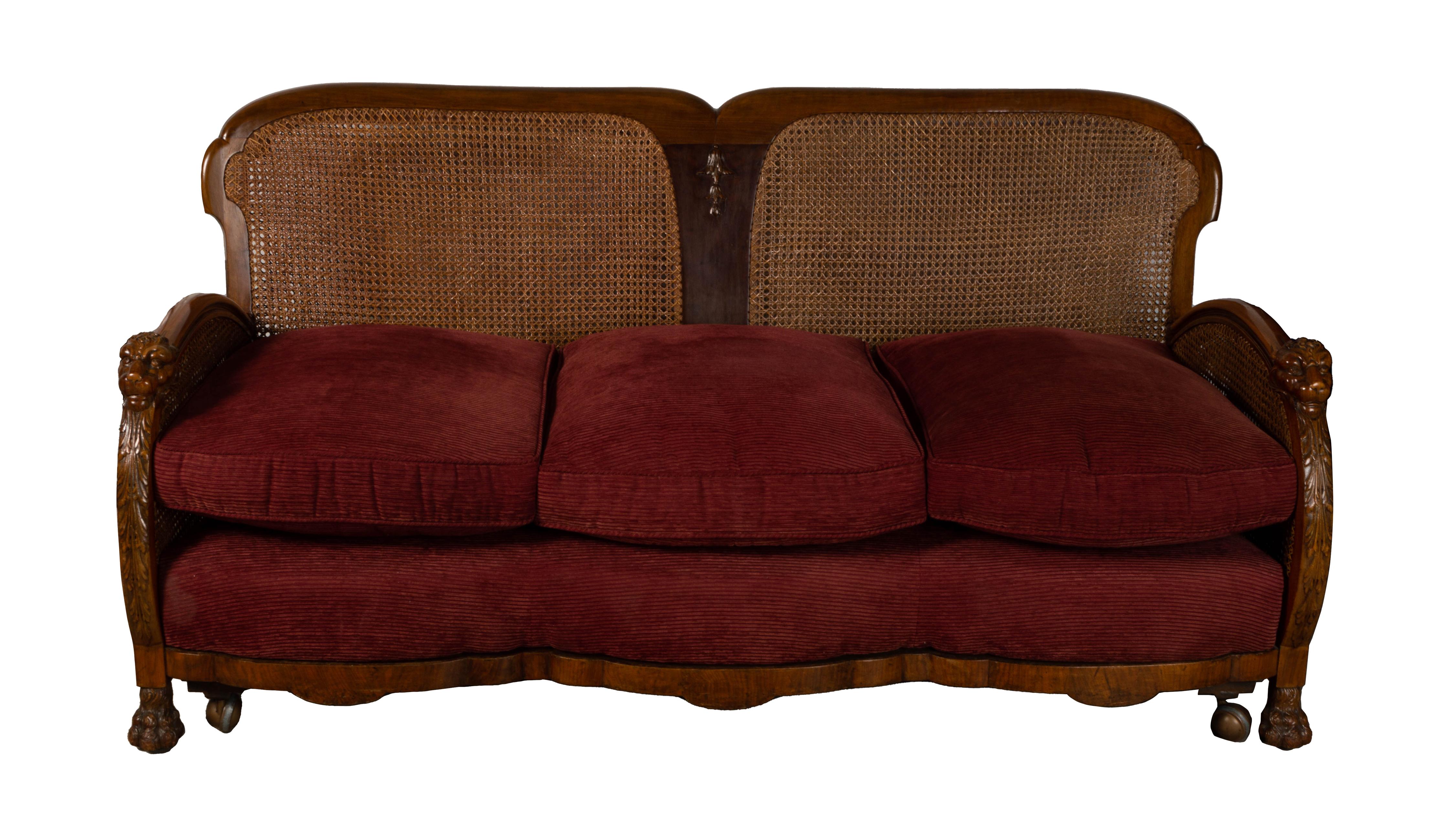 English Art Deco Walnut Framed Cane Bergere Sofa C.1920 For Sale 14