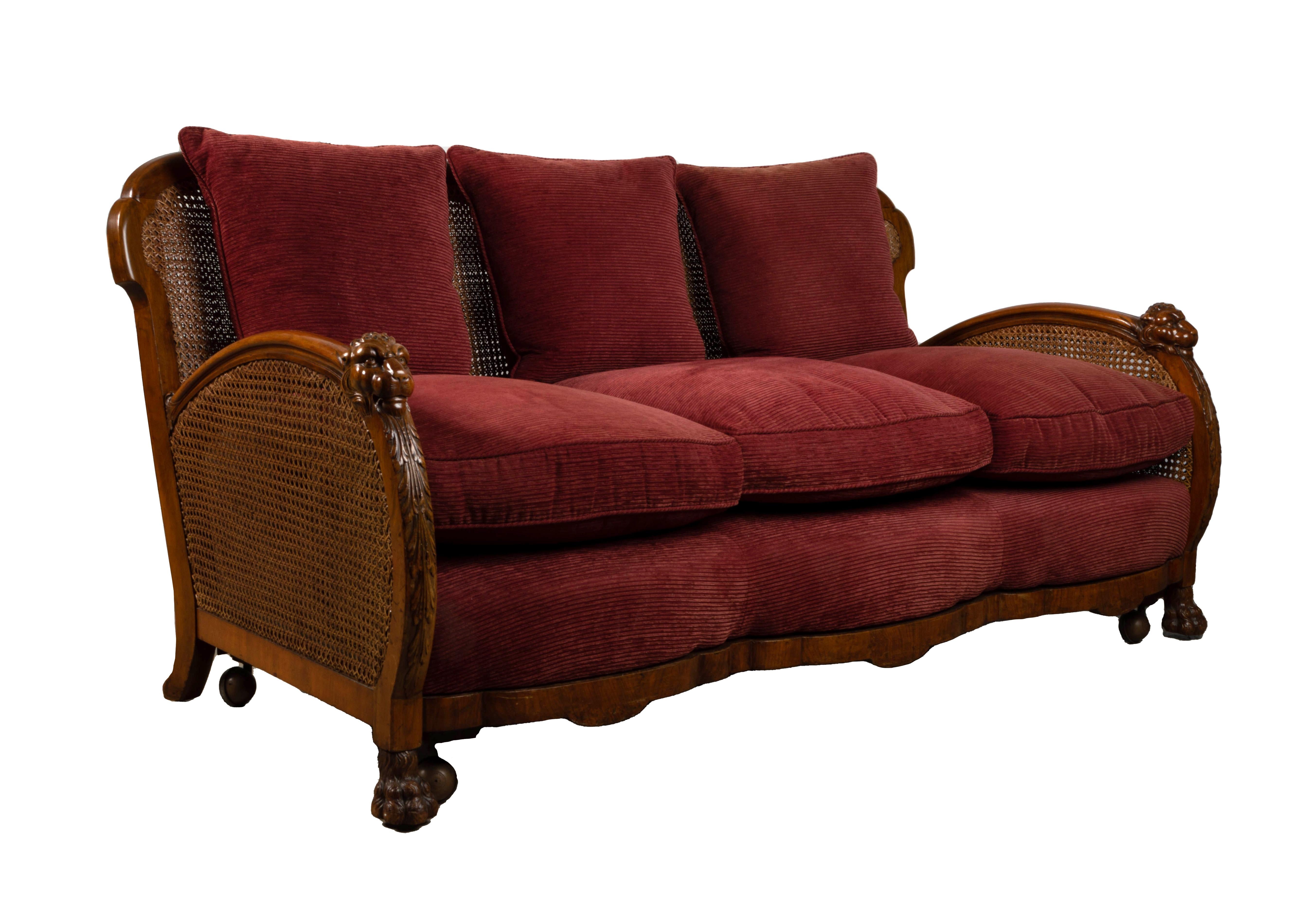 20th Century English Art Deco Walnut Framed Cane Bergere Sofa C.1920 For Sale