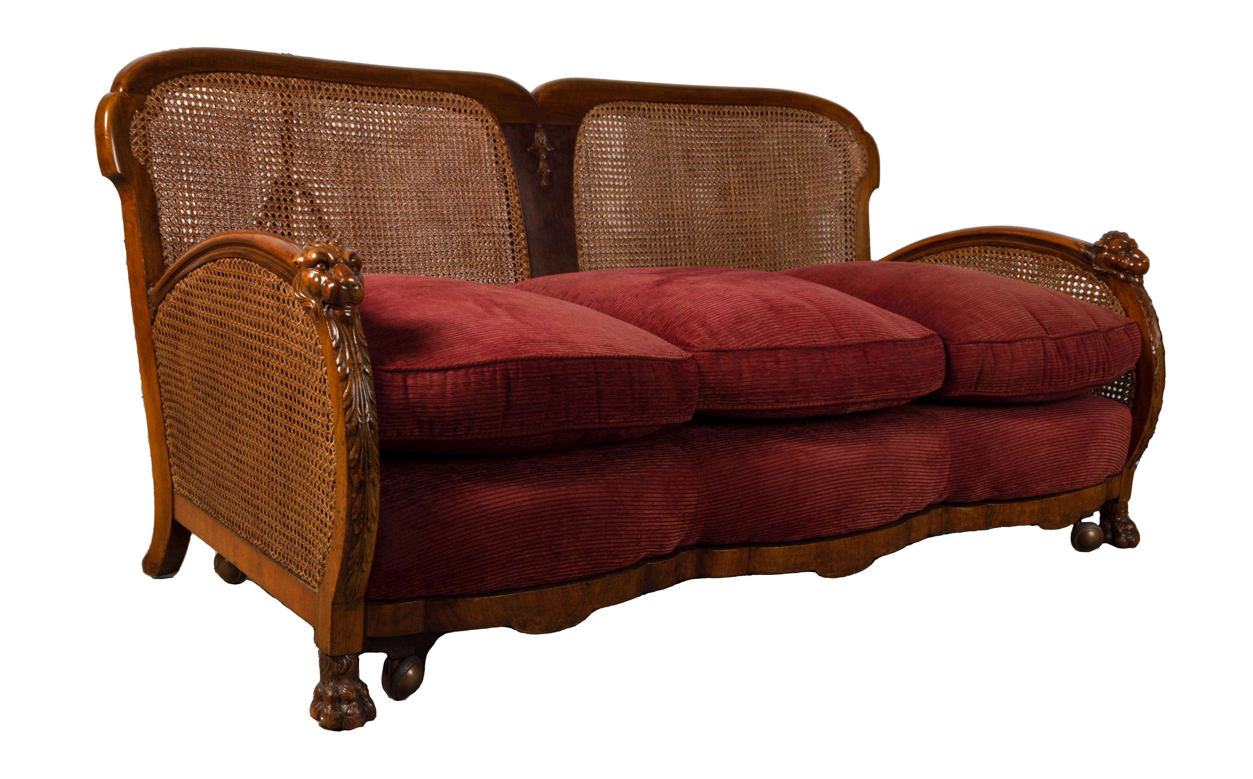 English Art Deco Walnut Framed Cane Bergere Sofa C.1920 For Sale 4