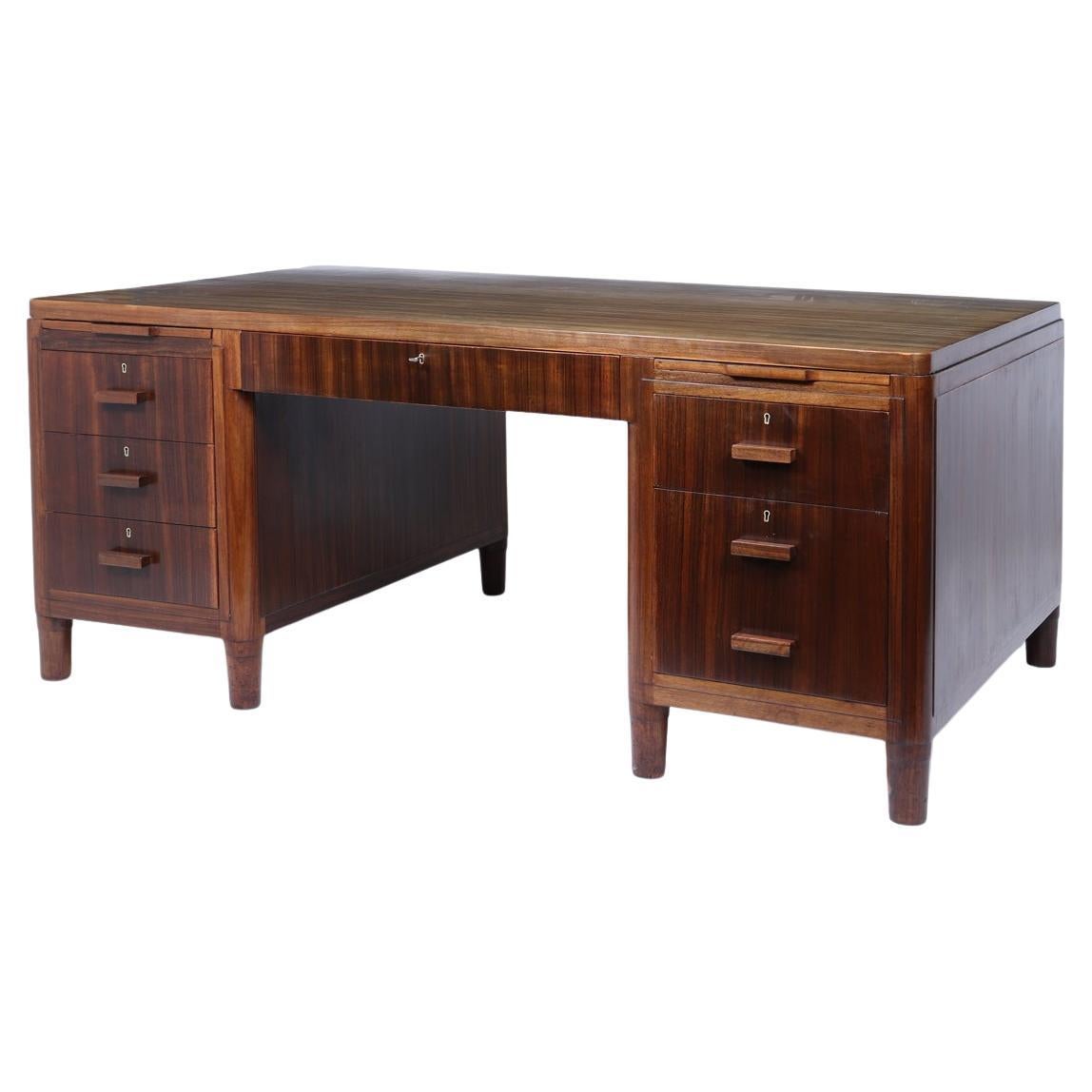 English Art Deco Walnut Partner’s Desk, 1940s For Sale