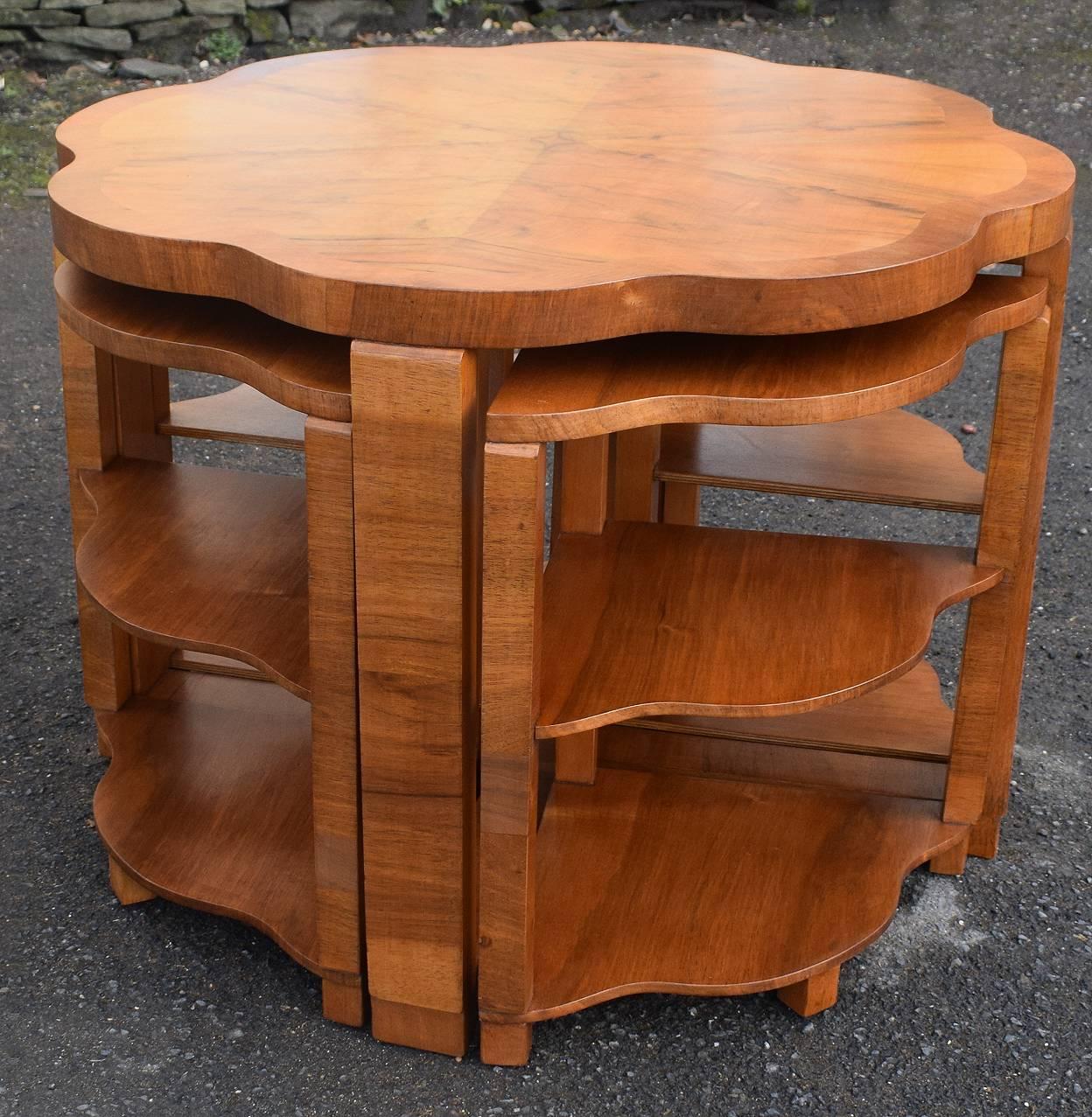 Polished Art Deco Nest of Tables By Harry & Lou Epstein Burr Walnut English 1930's