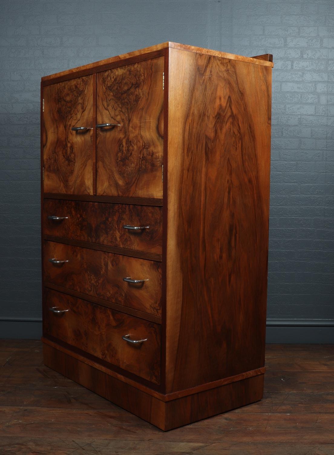 English, Art Deco Walnut Tall Boy, Cabinet, circa 1930, Restored and Polished For Sale 6