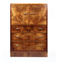 English, Art Deco Walnut Tall Boy, Cabinet, circa 1930, Restored and Polished